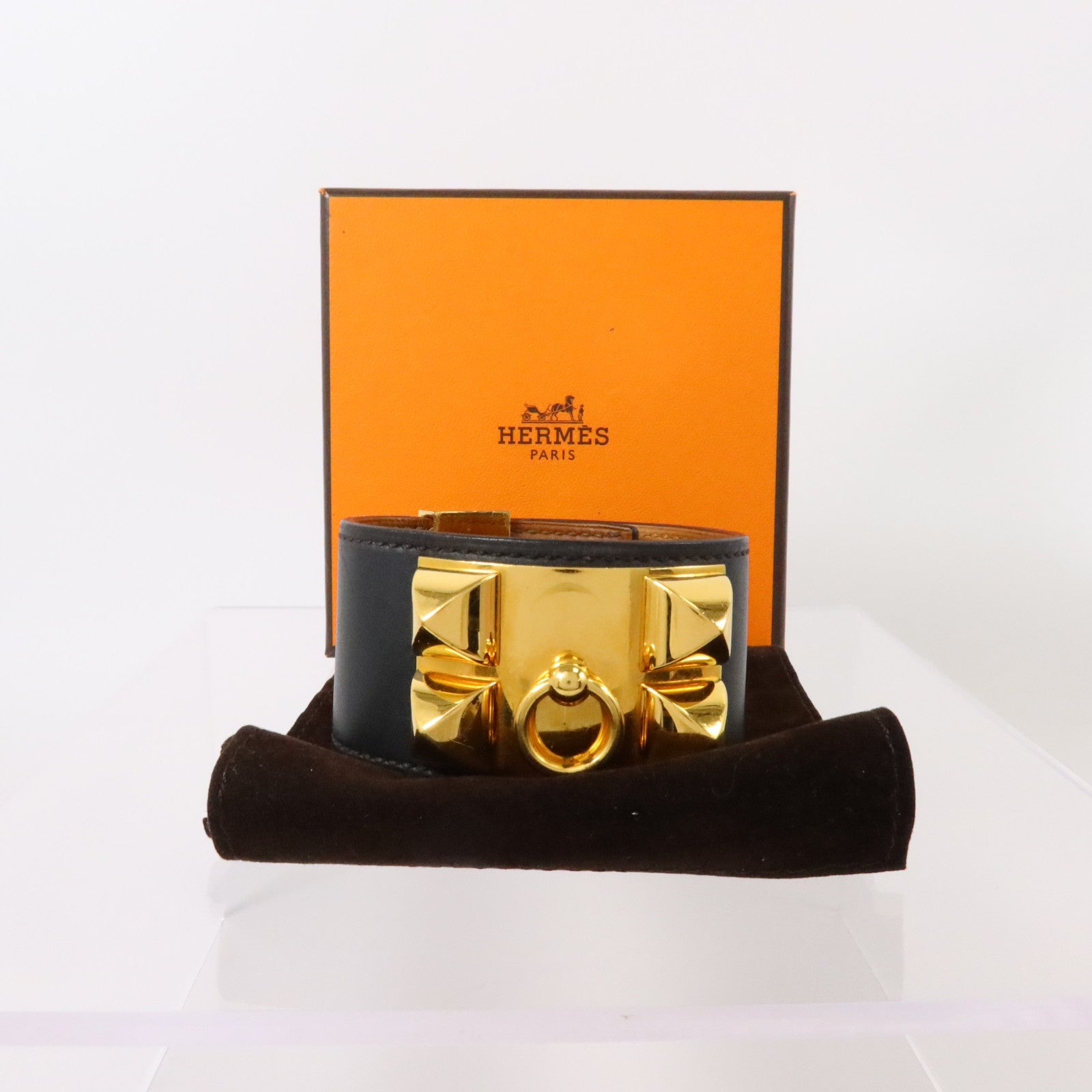 HERMES Swift皮革/金屬Collier De Chien Bracelet金扣手鏈Black
