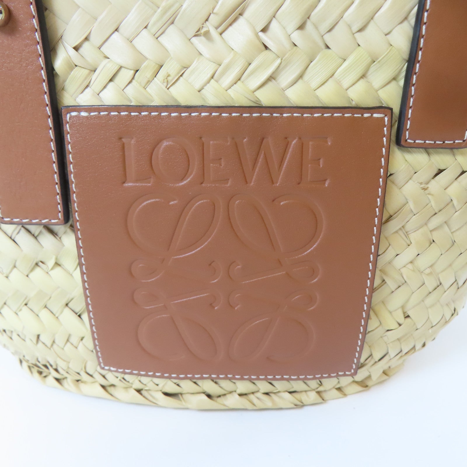 LOEWE 酒椰/皮革Basket Bag銀扣肩背袋/手挽袋啡色