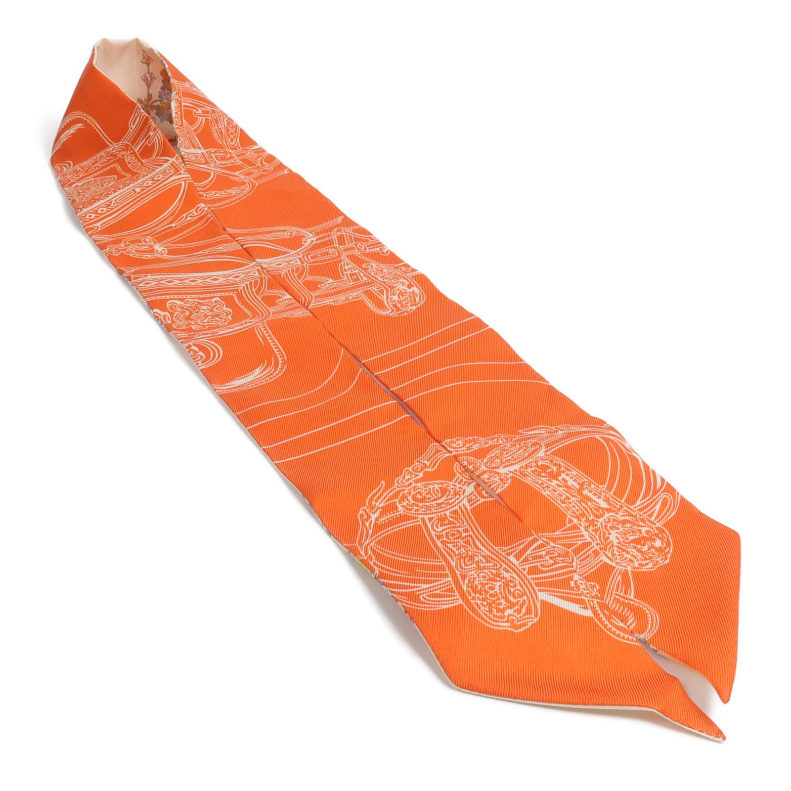 HERMES 絲質Brides de Gala en Fleurs Twilly絲巾Vanille/Orange/Kaki