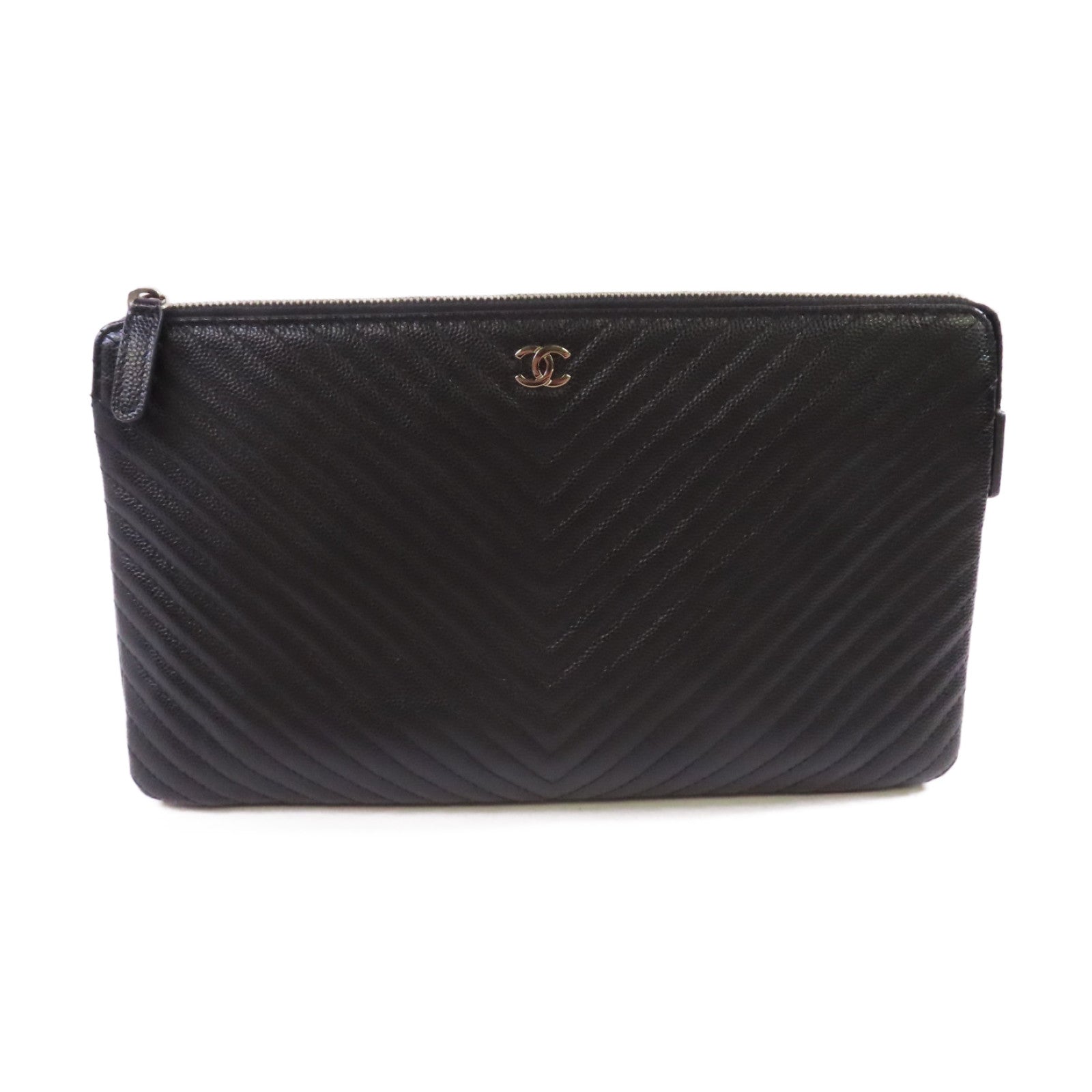 CHANEL 【激減優惠】斜紋Caviar皮革Pouch銀扣手拿包黑色