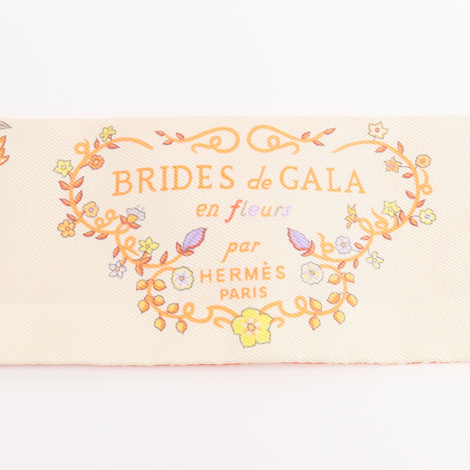 HERMES 絲質Brides de Gala en Fleurs Twilly絲巾Vanille/Orange/Kaki