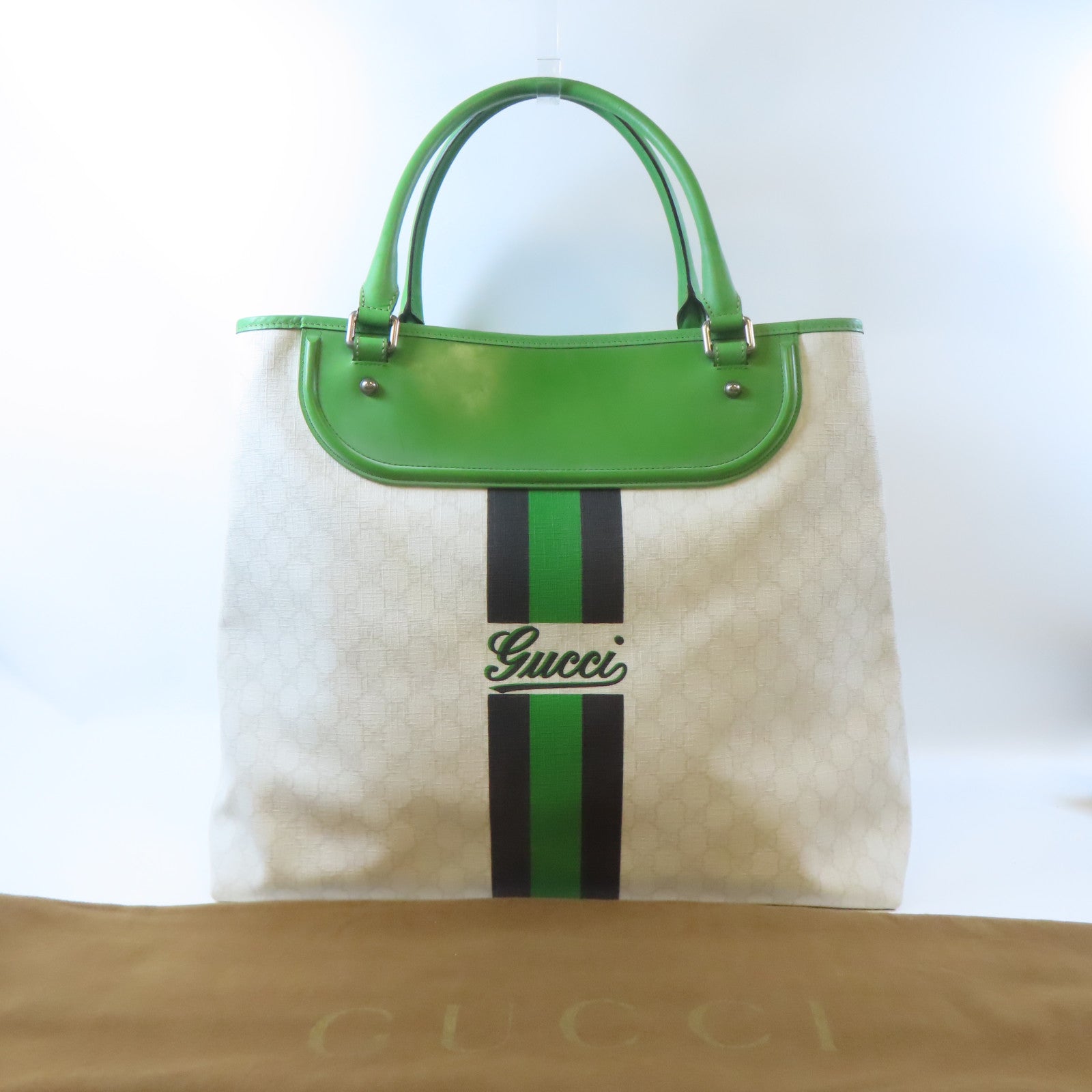 GUCCI 塗層帆布/皮革Shoulder Tote Bag銀扣肩背袋/手挽袋白色/綠色