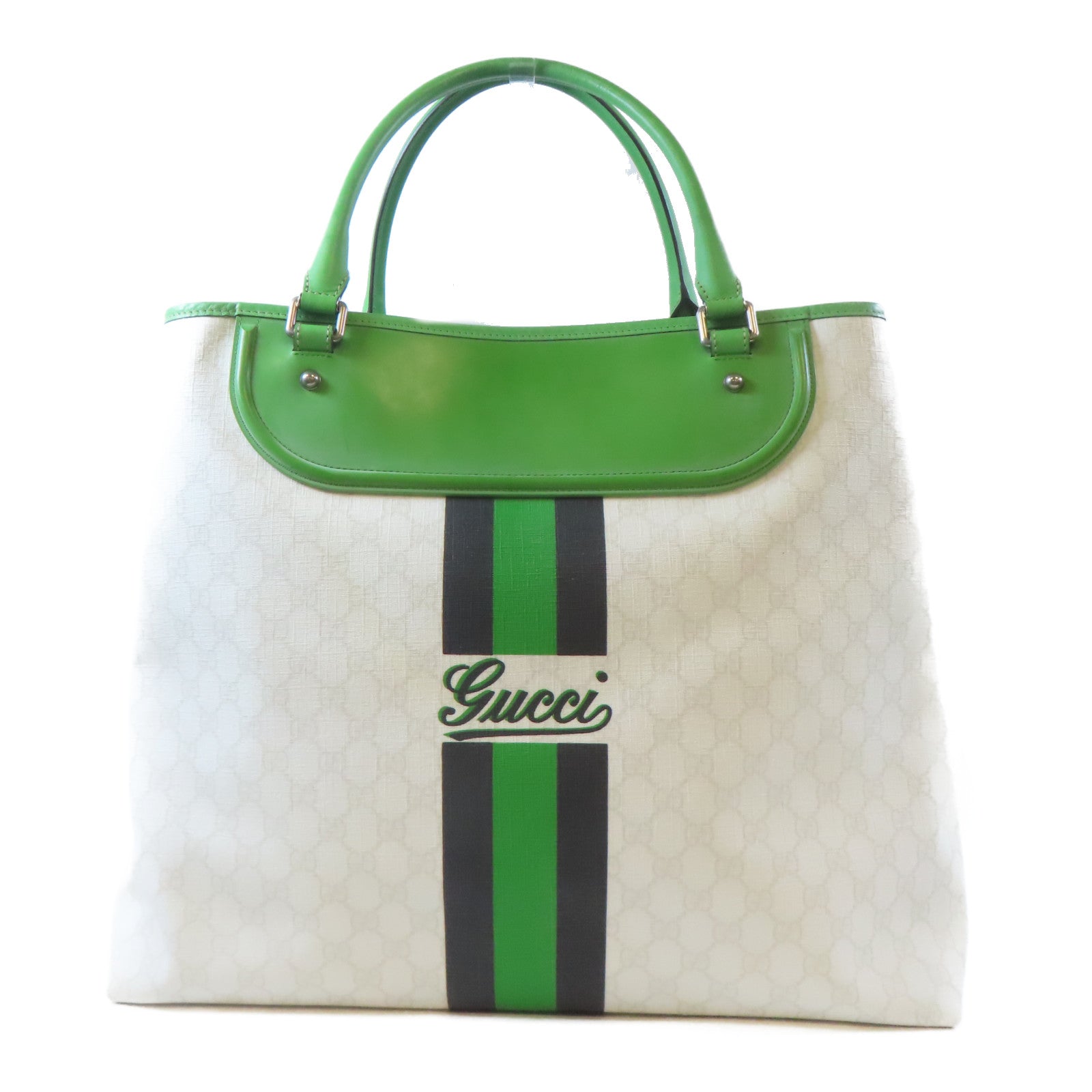 GUCCI 塗層帆布/皮革Shoulder Tote Bag銀扣肩背袋/手挽袋白色/綠色