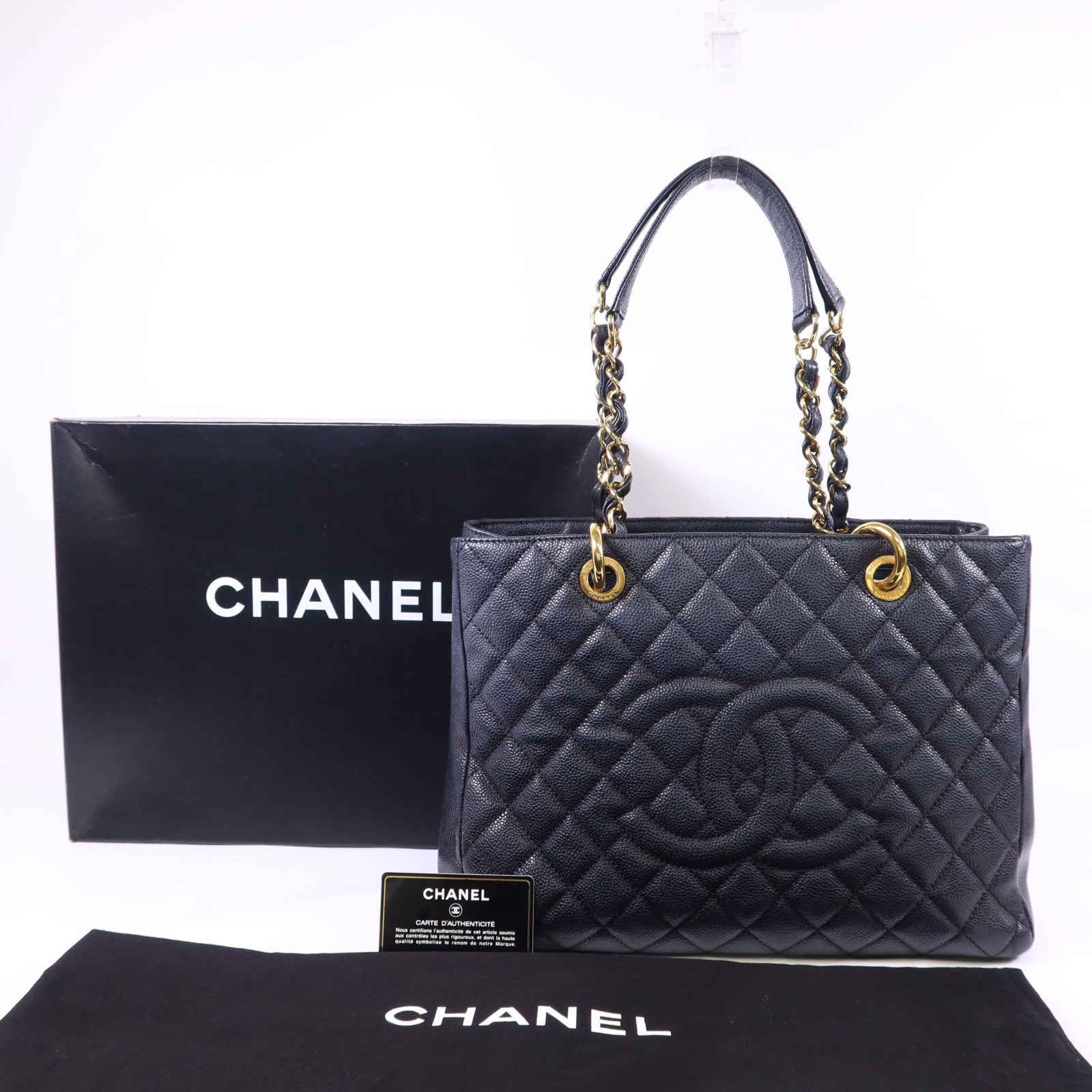 CHANEL 牛皮皮革GST Grand Shopping Tote Bag金扣鏈帶肩背袋