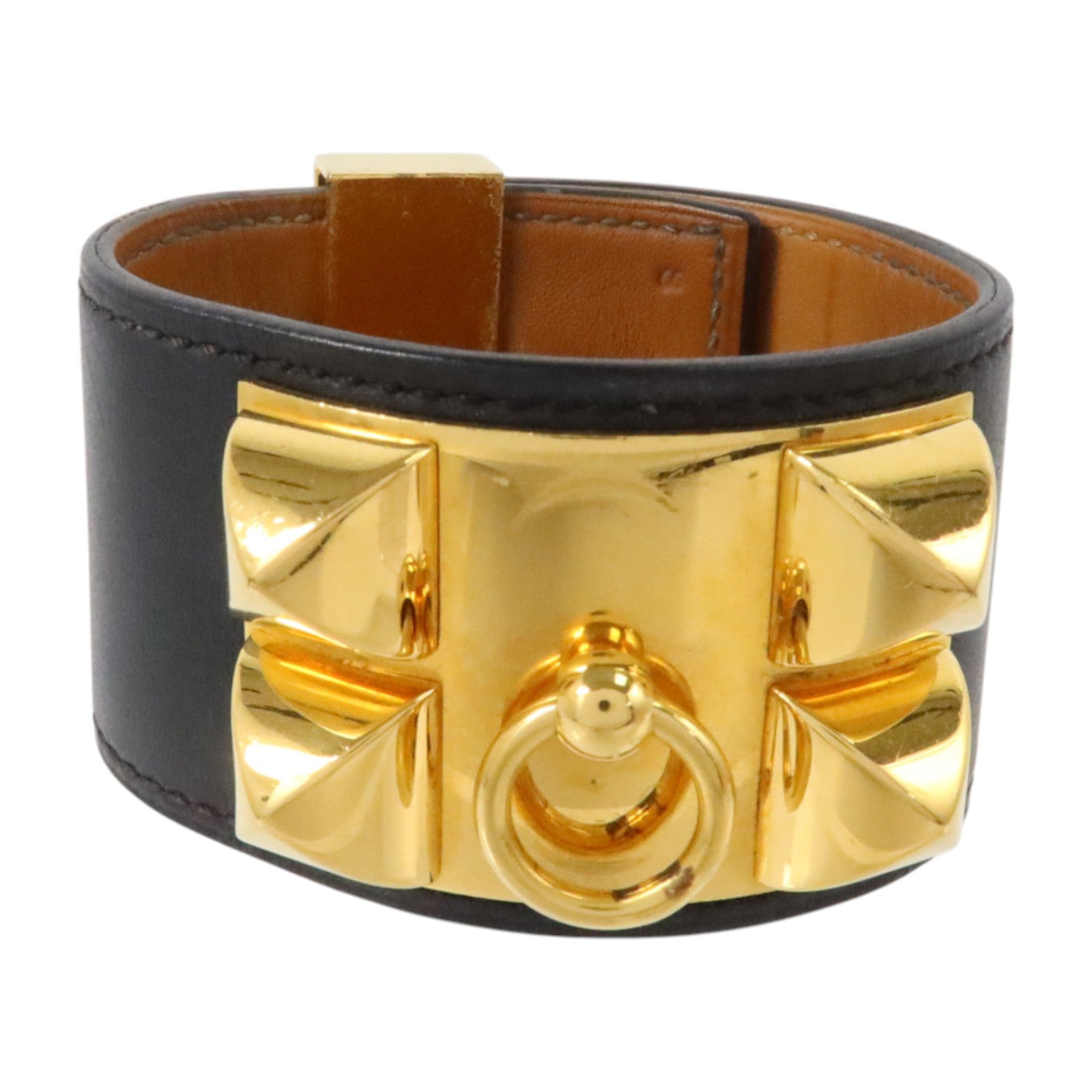 HERMES Swift皮革/金屬Collier De Chien Bracelet金扣手鏈Black