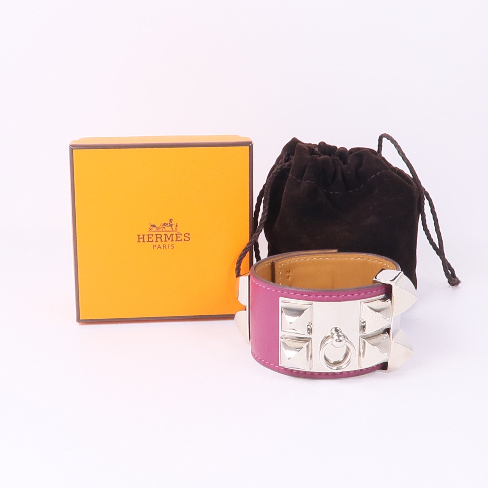 HERMES Swift皮革Collier de Chien銀扣手鐲Cyclamen