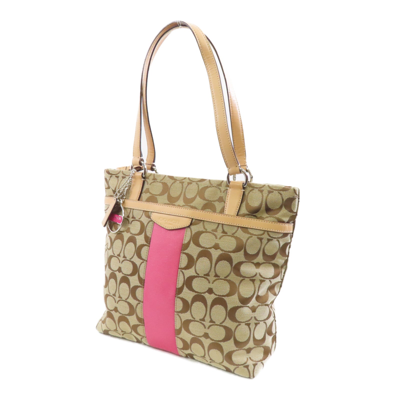COACH 【激減優惠】帆布Tote Bag銀扣手挽袋啡色/粉紅色