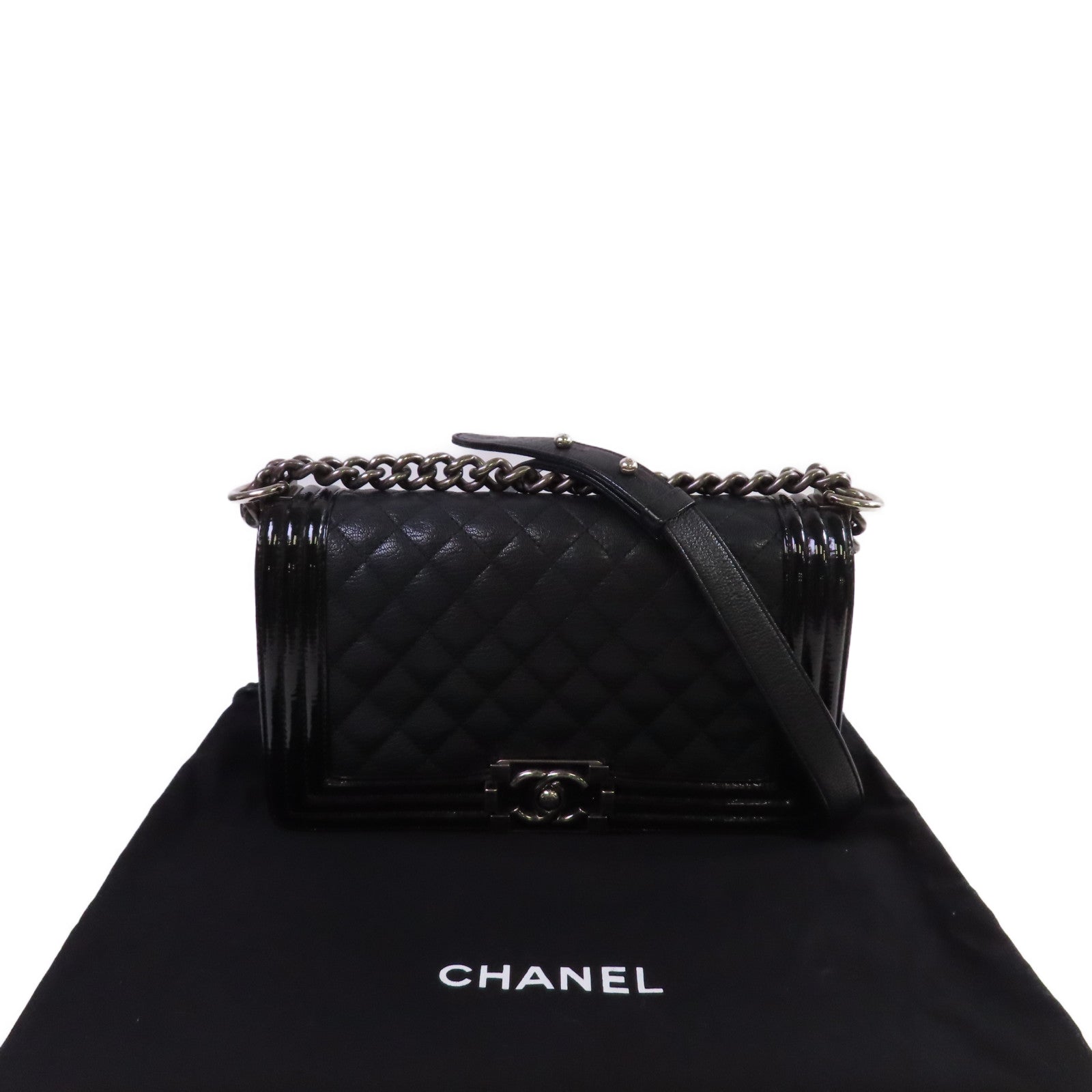 CHANEL 【激減優惠】菱格牛皮皮革Boy Chanel 25 Chain Shoulder Bag銀扣鏈帶肩背袋黑色
