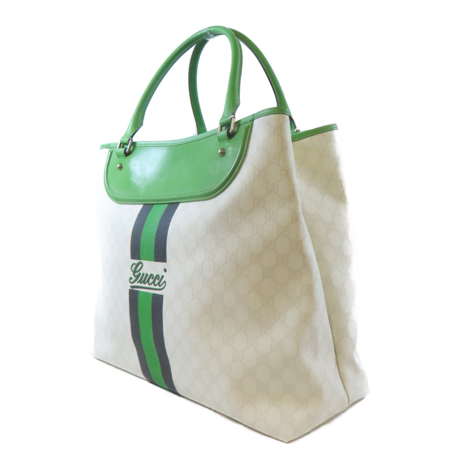 GUCCI 塗層帆布/皮革Shoulder Tote Bag銀扣肩背袋/手挽袋白色/綠色