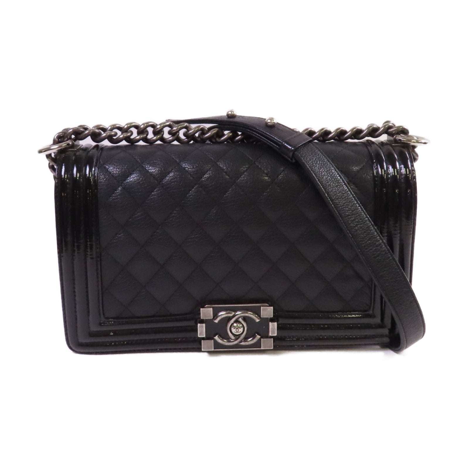 CHANEL 【激減優惠】菱格牛皮皮革Boy Chanel 25 Chain Shoulder Bag銀扣鏈帶肩背袋黑色