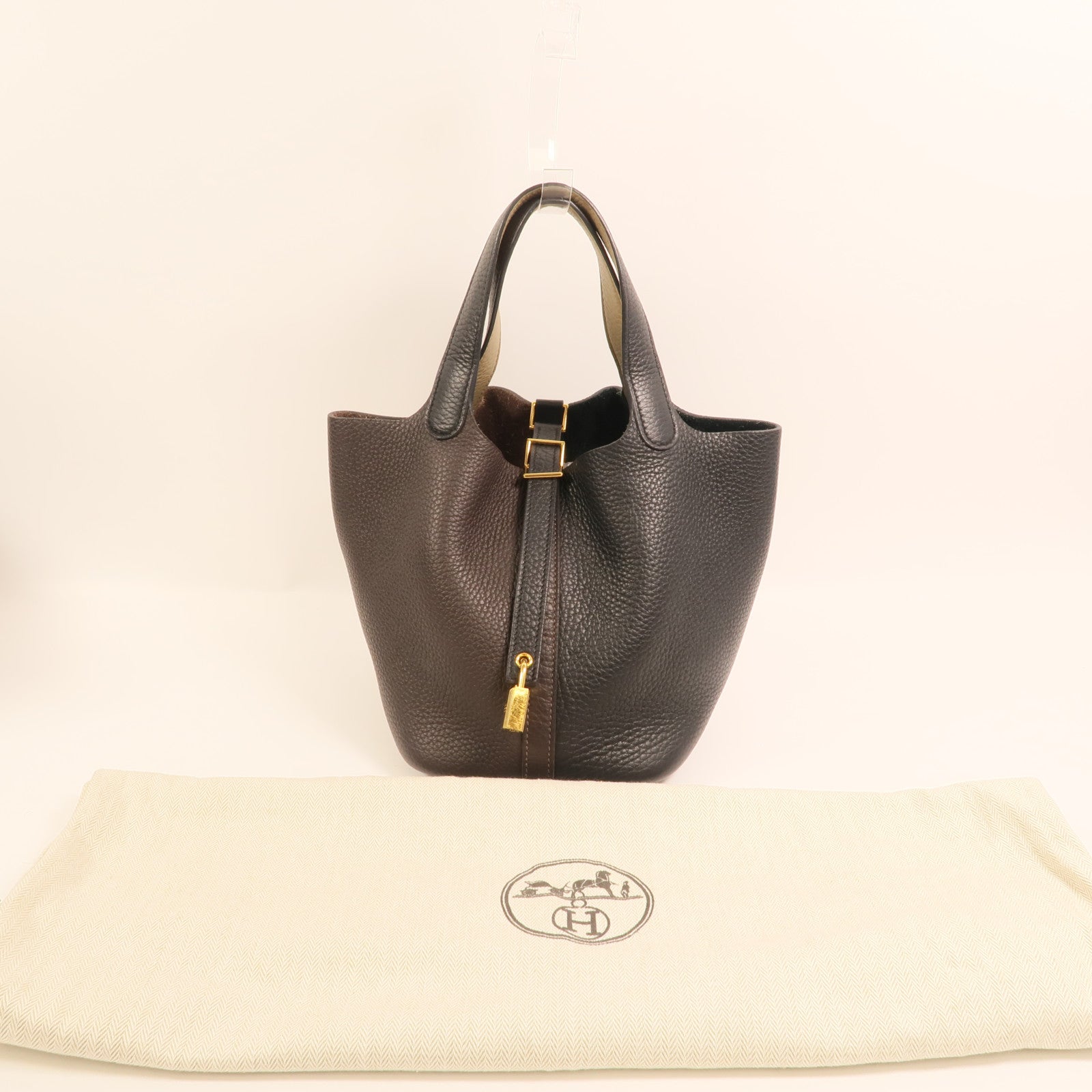 HERMES Clemence皮革Picotin PM金扣手挽袋Noir/Ebene