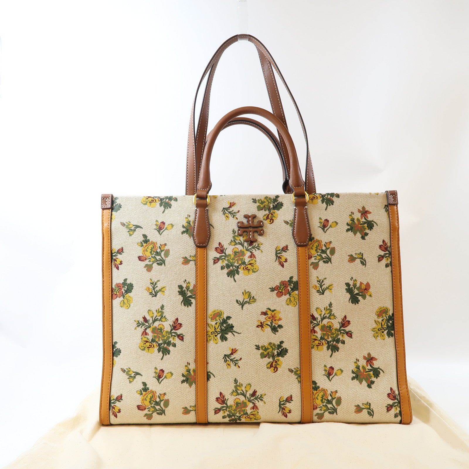 Tory Burch 帆布/牛皮皮革Tote Bag金扣手挽肩背兩用袋米色/黃色/綠色