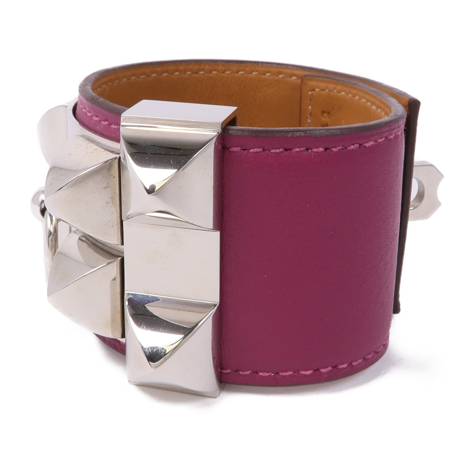 HERMES Swift皮革Collier de Chien銀扣手鐲Cyclamen