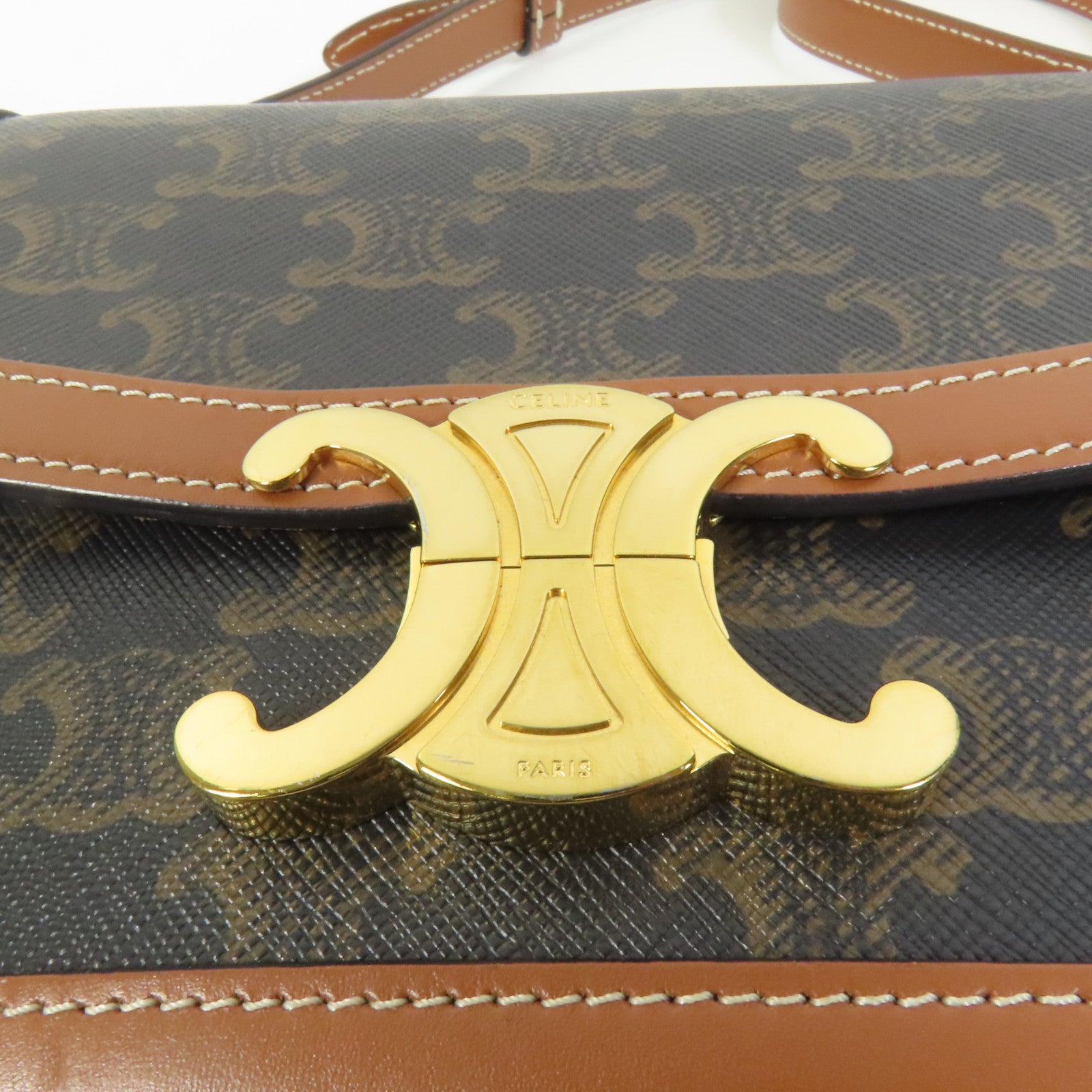 CELINE 塗層帆布/牛皮皮革Teen Triomphe金扣肩背袋