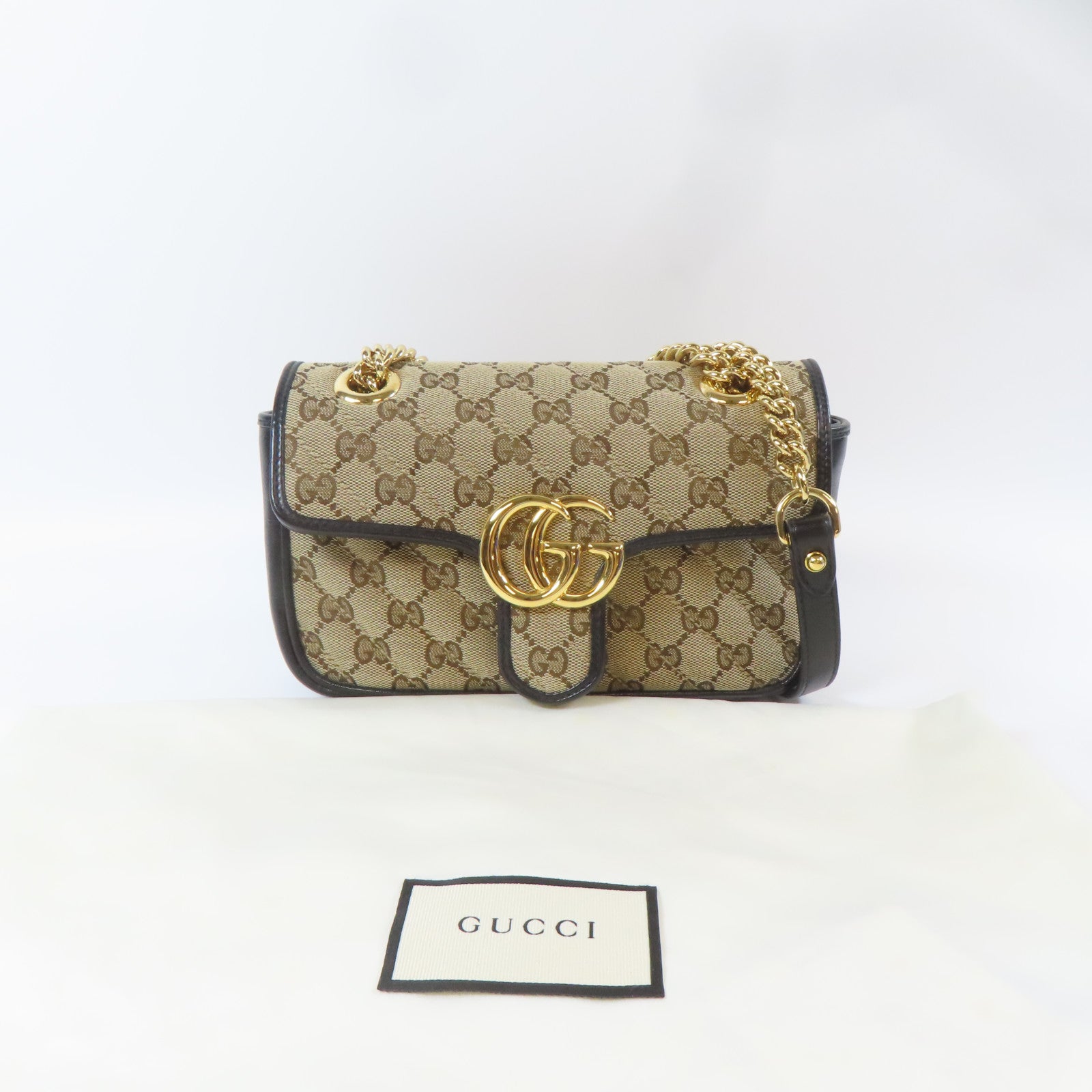 GUCCI 斜紋帆布GG Marmont金扣鏈帶肩背袋黑色/啡色