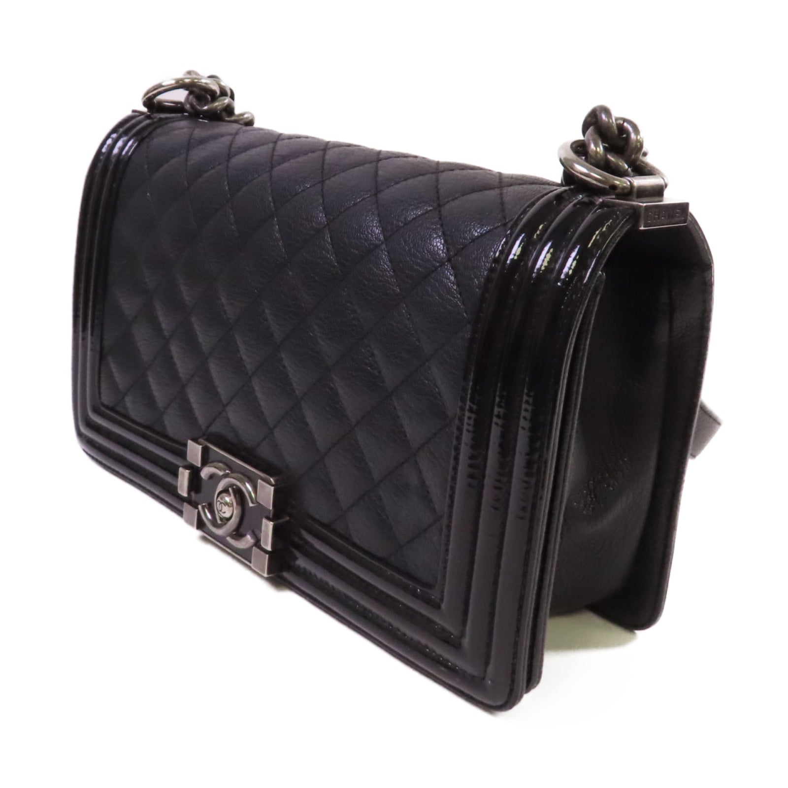 CHANEL 【激減優惠】菱格牛皮皮革Boy Chanel 25 Chain Shoulder Bag銀扣鏈帶肩背袋黑色