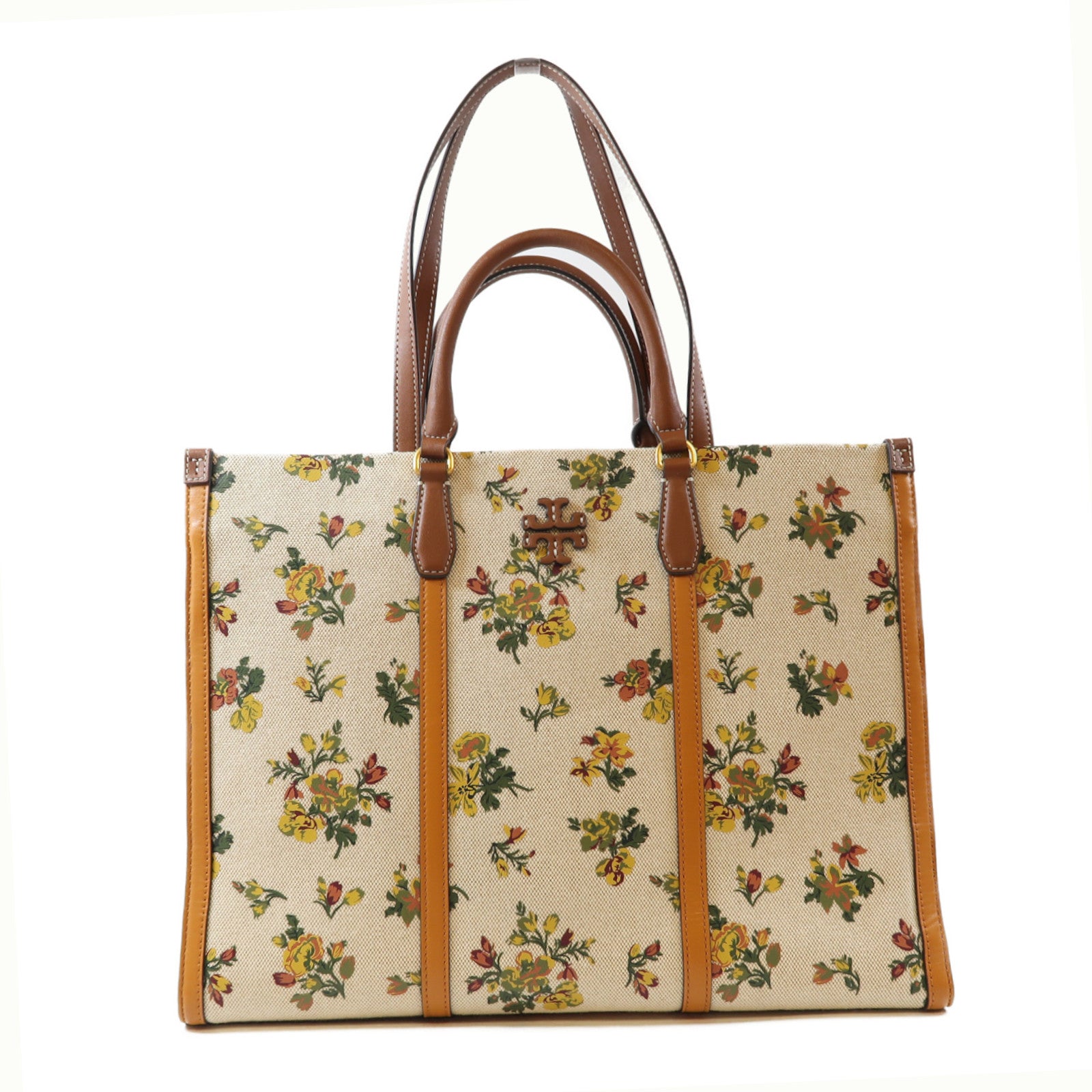 Tory Burch 帆布/牛皮皮革Tote Bag金扣手挽肩背兩用袋米色/黃色/綠色