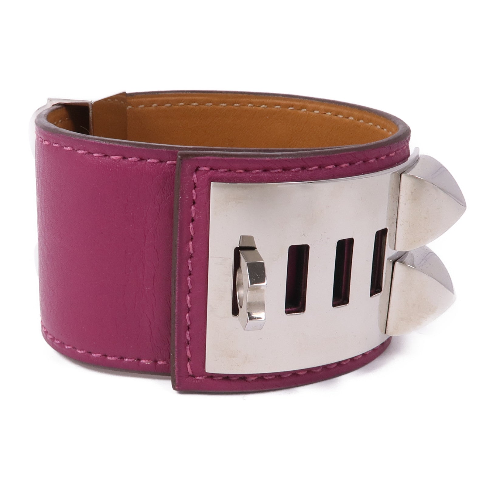 HERMES Swift皮革Collier de Chien銀扣手鐲Cyclamen