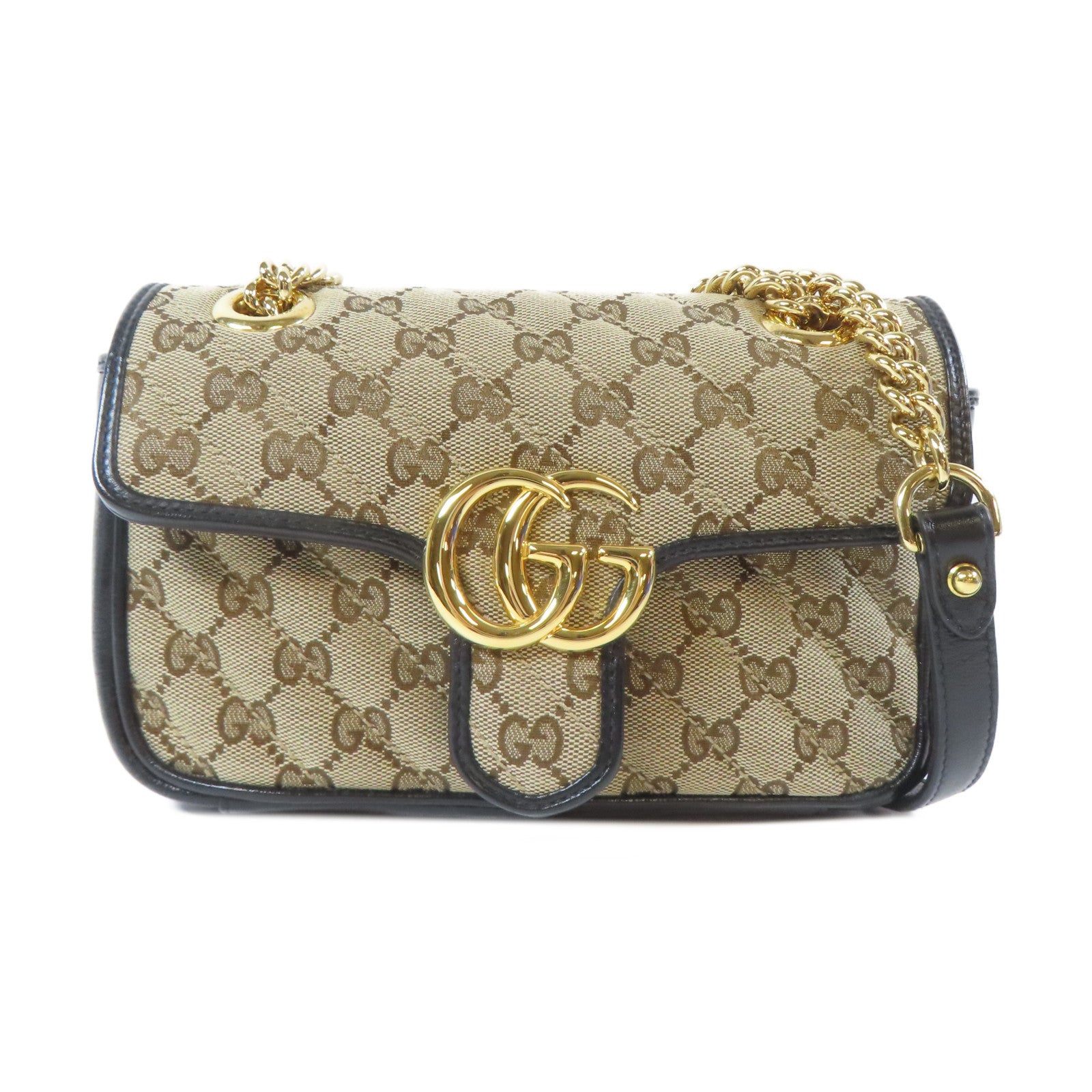GUCCI 斜紋帆布GG Marmont金扣鏈帶肩背袋黑色/啡色