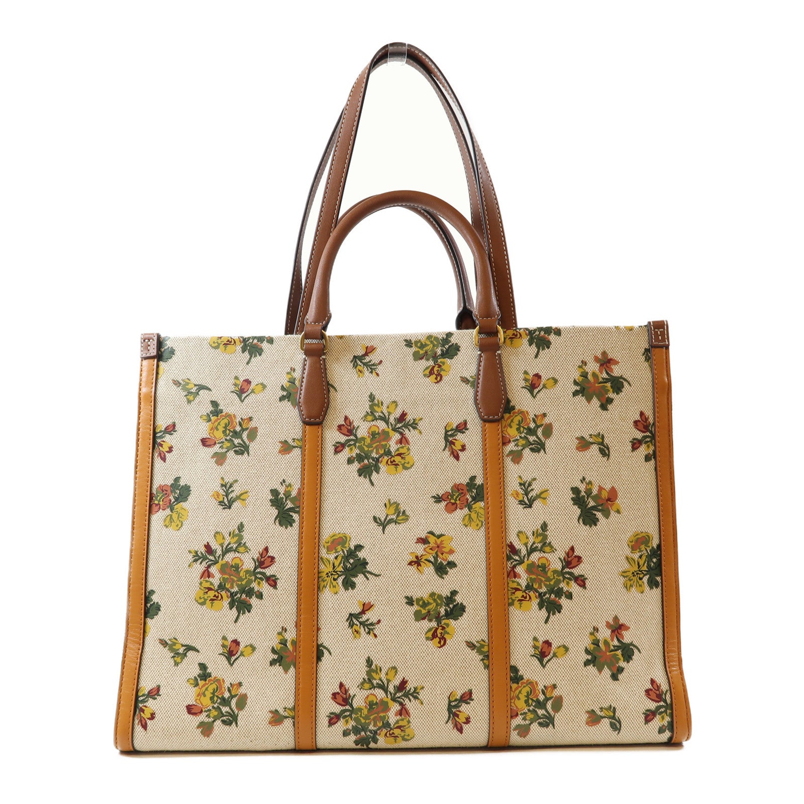 Tory Burch 帆布/牛皮皮革Tote Bag金扣手挽肩背兩用袋米色/黃色/綠色