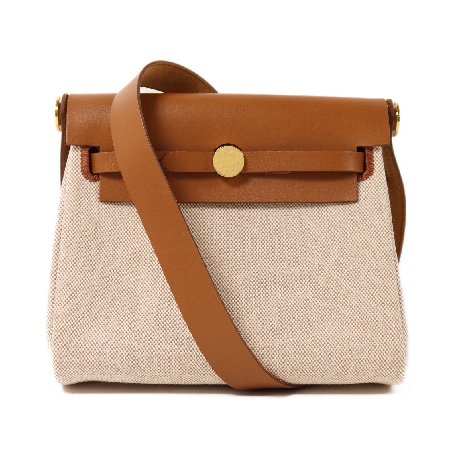 HERMES 帆布Mini Herbag金扣肩背袋Gold/Ecru
