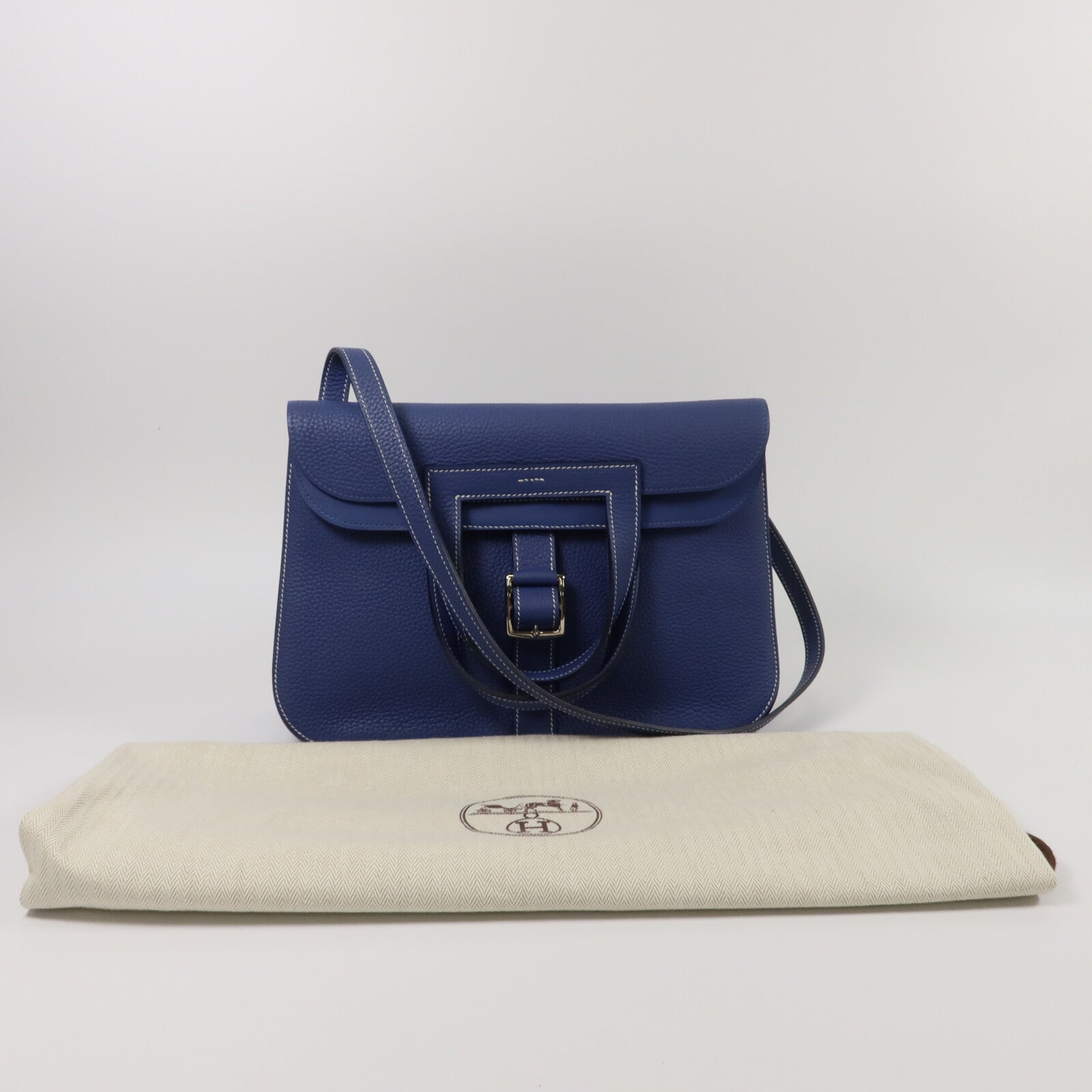 HERMES Clemence皮革Halzan 31手挽肩背兩用袋Bleu Brighton