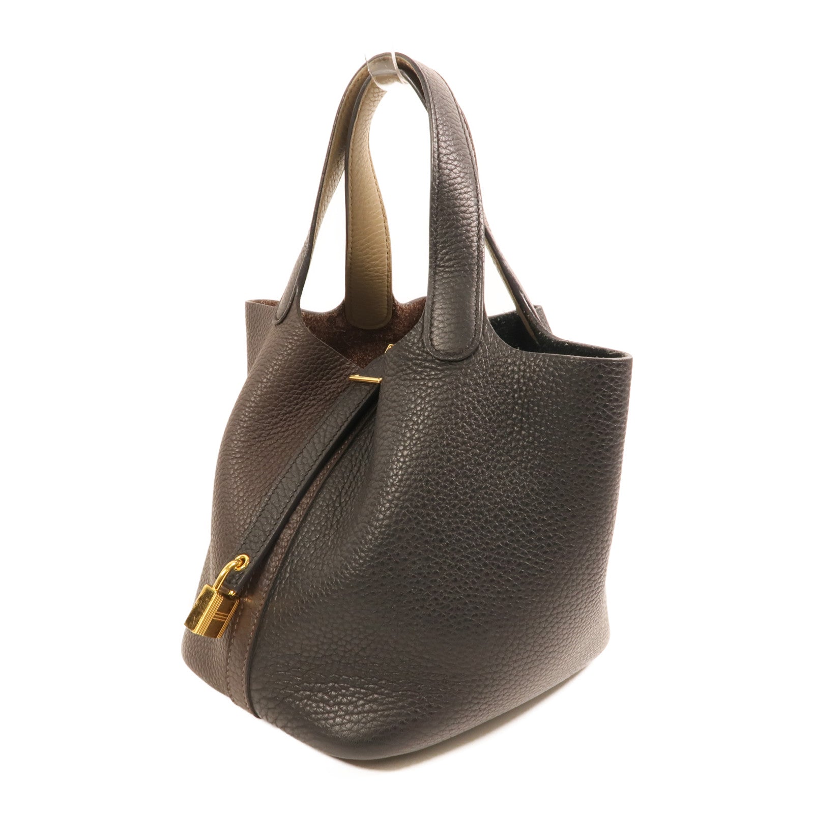 HERMES Clemence皮革Picotin PM金扣手挽袋Noir/Ebene