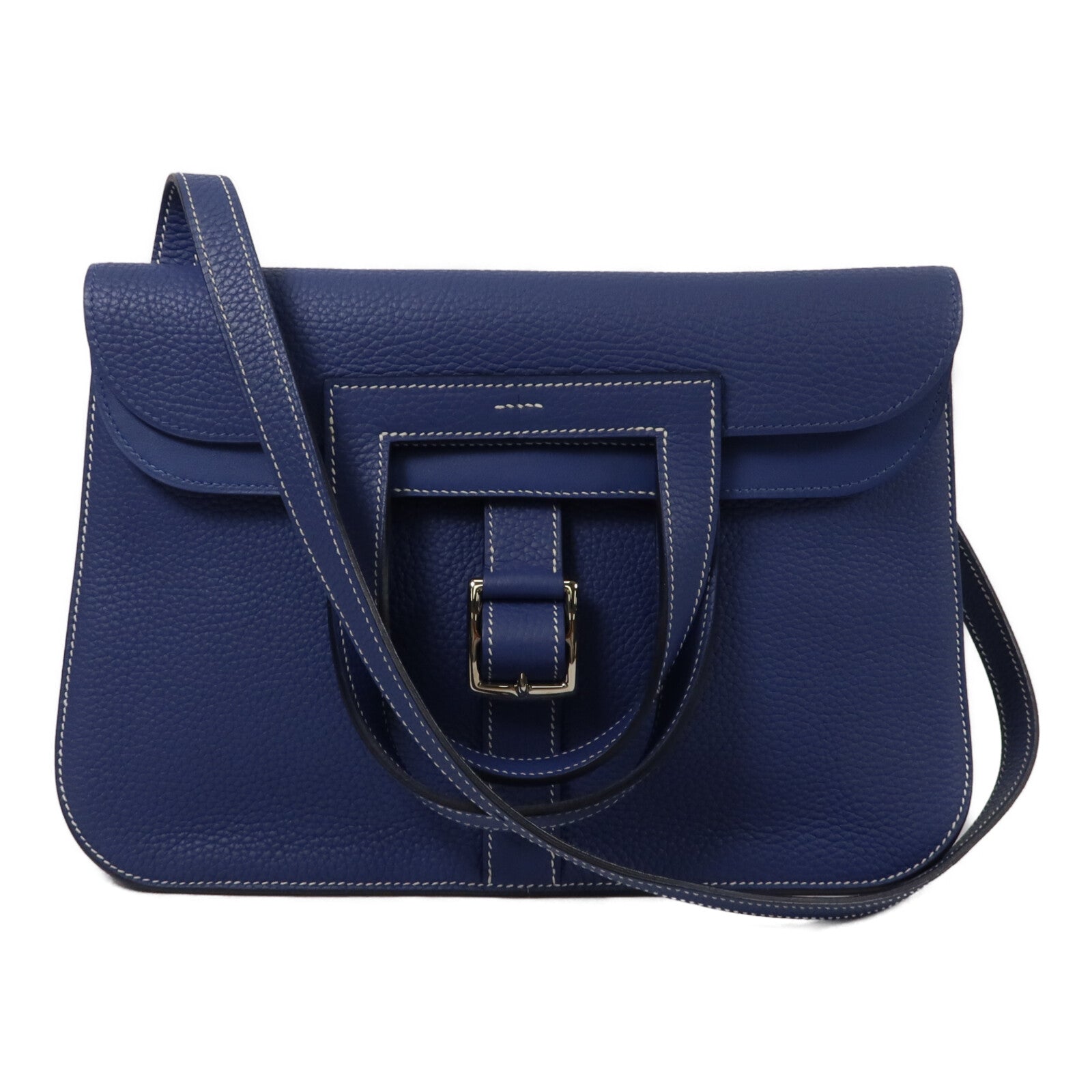 HERMES Clemence皮革Halzan 31手挽肩背兩用袋Bleu Brighton