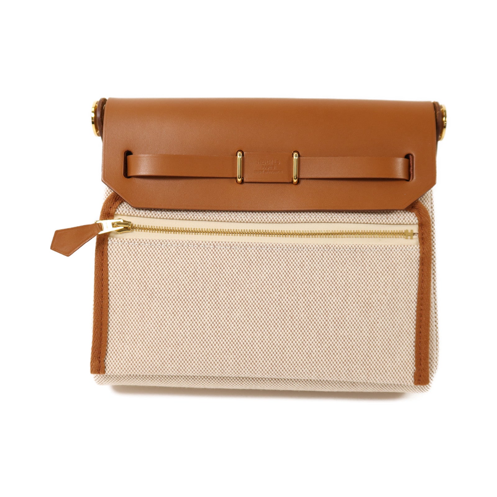 HERMES 帆布Mini Herbag金扣肩背袋Gold/Ecru
