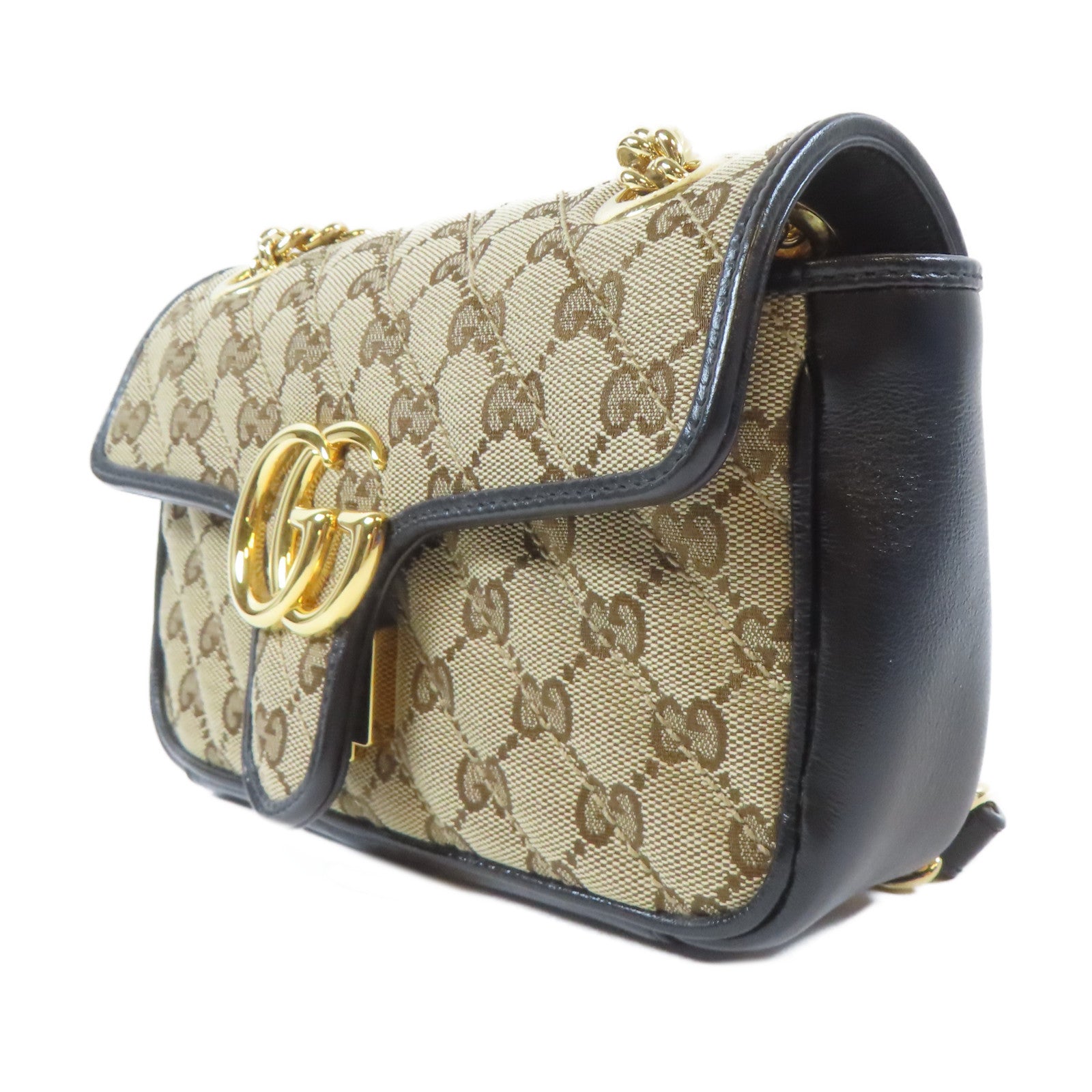 GUCCI 斜紋帆布GG Marmont金扣鏈帶肩背袋黑色/啡色