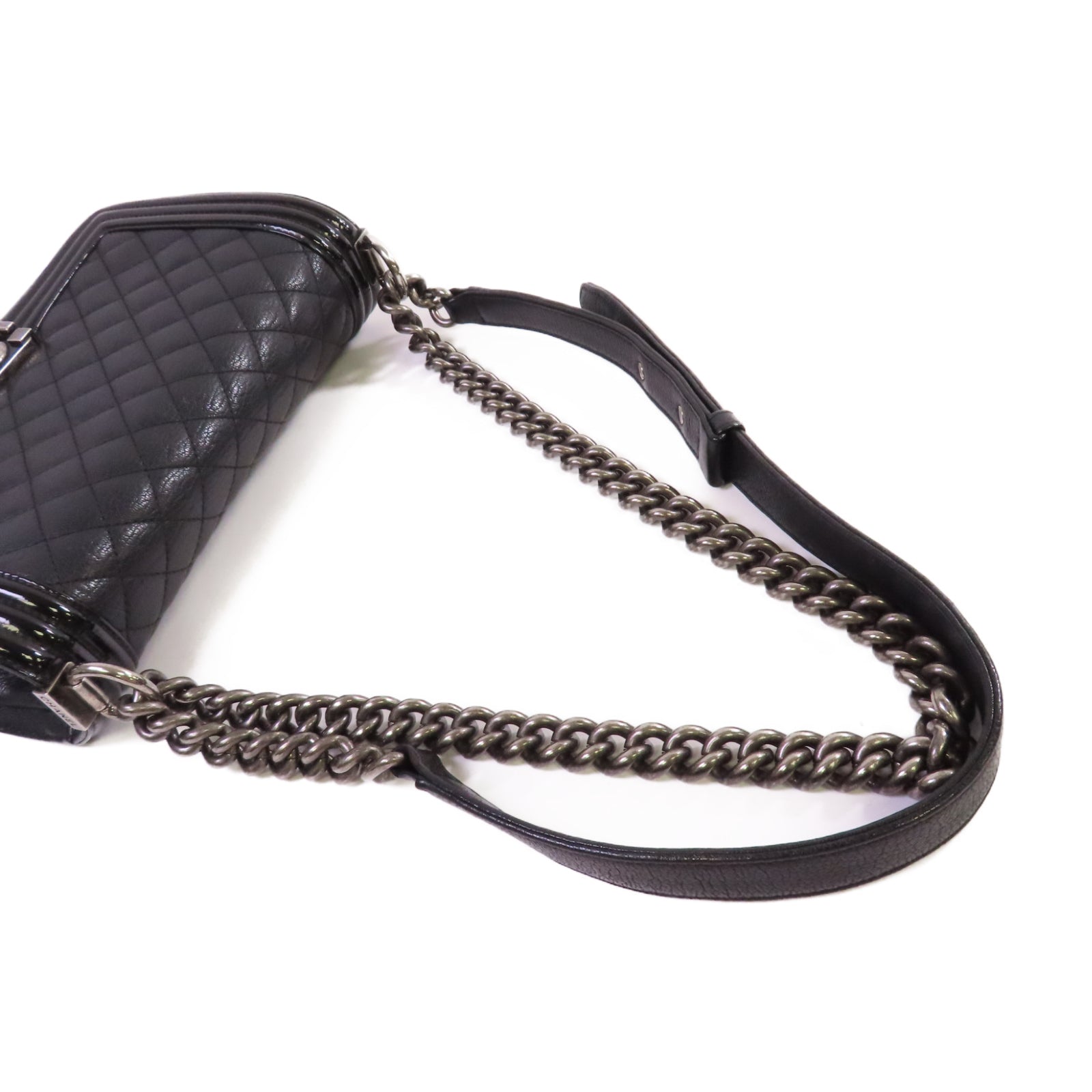CHANEL 【激減優惠】菱格牛皮皮革Boy Chanel 25 Chain Shoulder Bag銀扣鏈帶肩背袋黑色