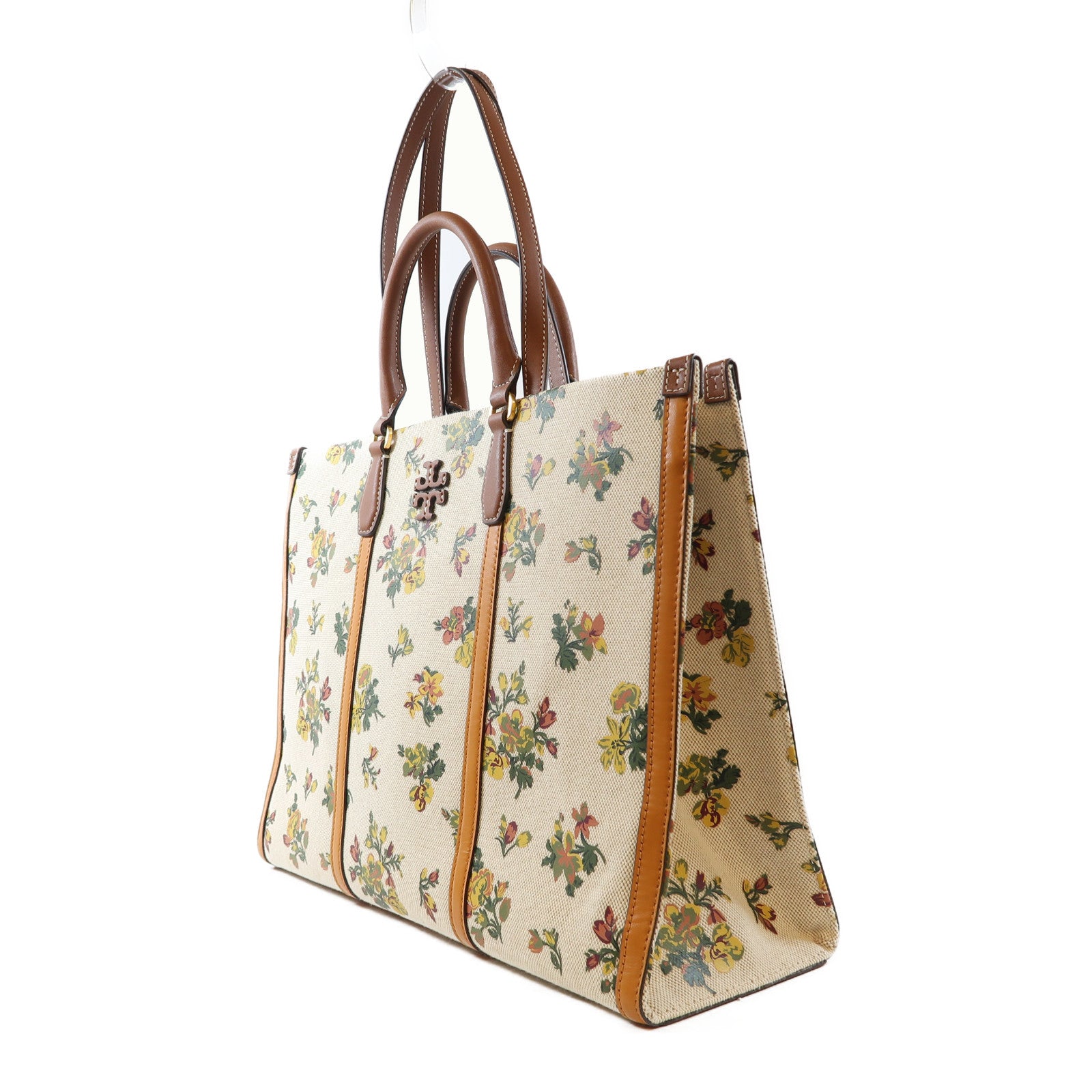 Tory Burch 帆布/牛皮皮革Tote Bag金扣手挽肩背兩用袋米色/黃色/綠色