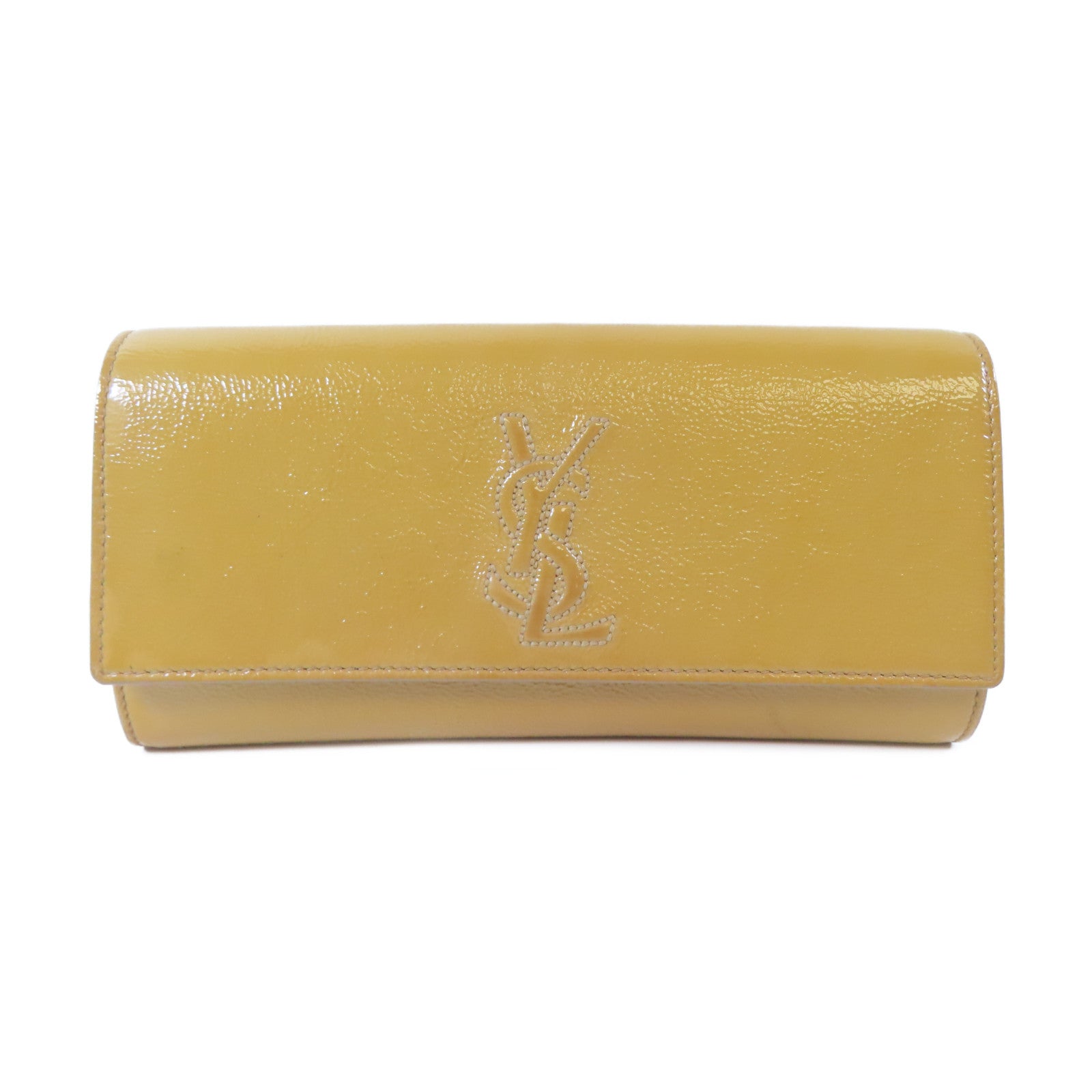 YVES SAINT LAURENT 漆皮皮革Clutch銀扣手拿包芥末色
