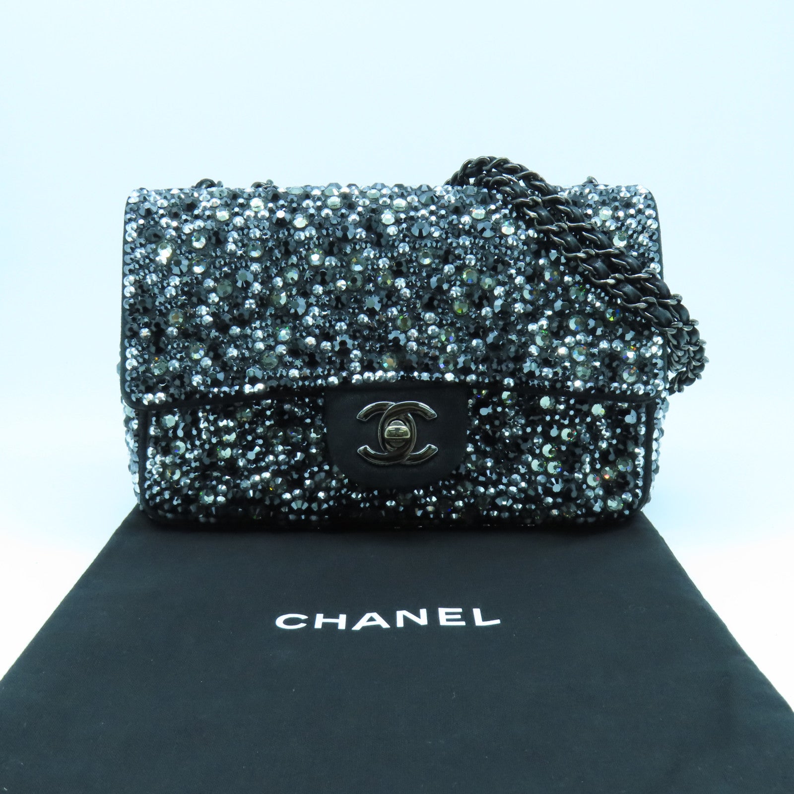 CHANEL 【清倉大減價】麂皮皮革/水晶Chain Shoulder Bag鏈帶肩背袋黑色