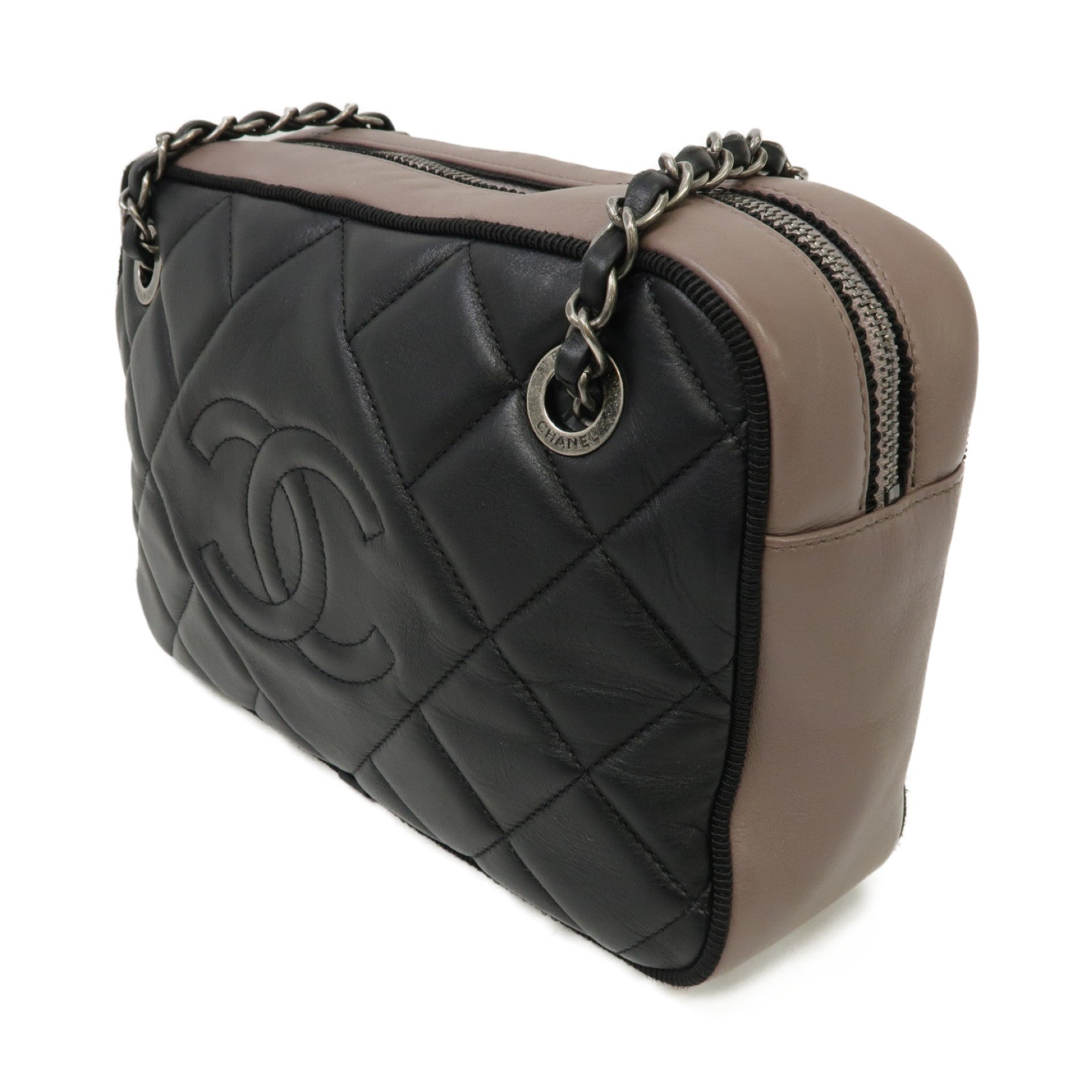 CHANEL 【激減優惠】菱格牛皮皮革Chain Shoulder銀扣鏈帶肩背袋黑色