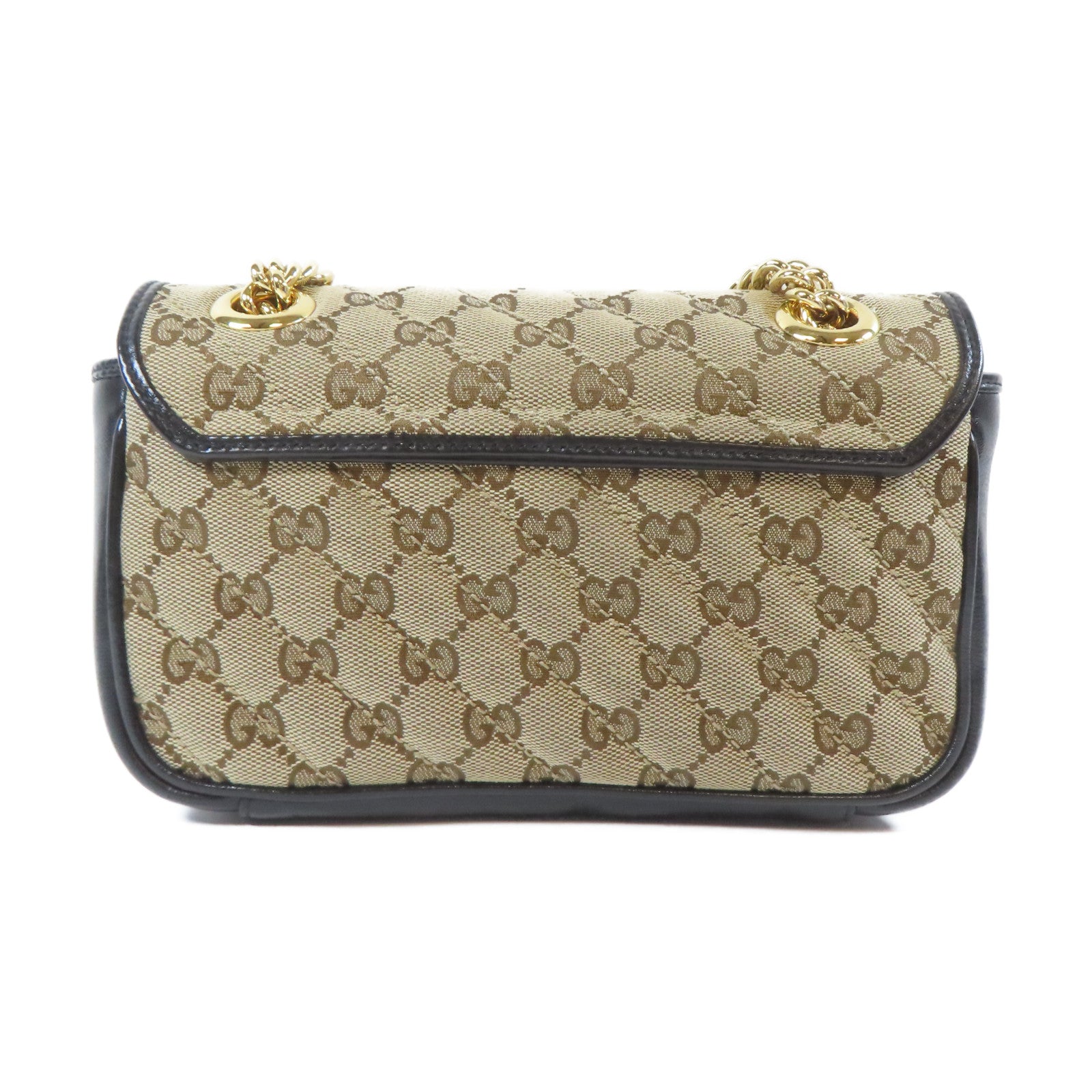 GUCCI 斜紋帆布GG Marmont金扣鏈帶肩背袋黑色/啡色