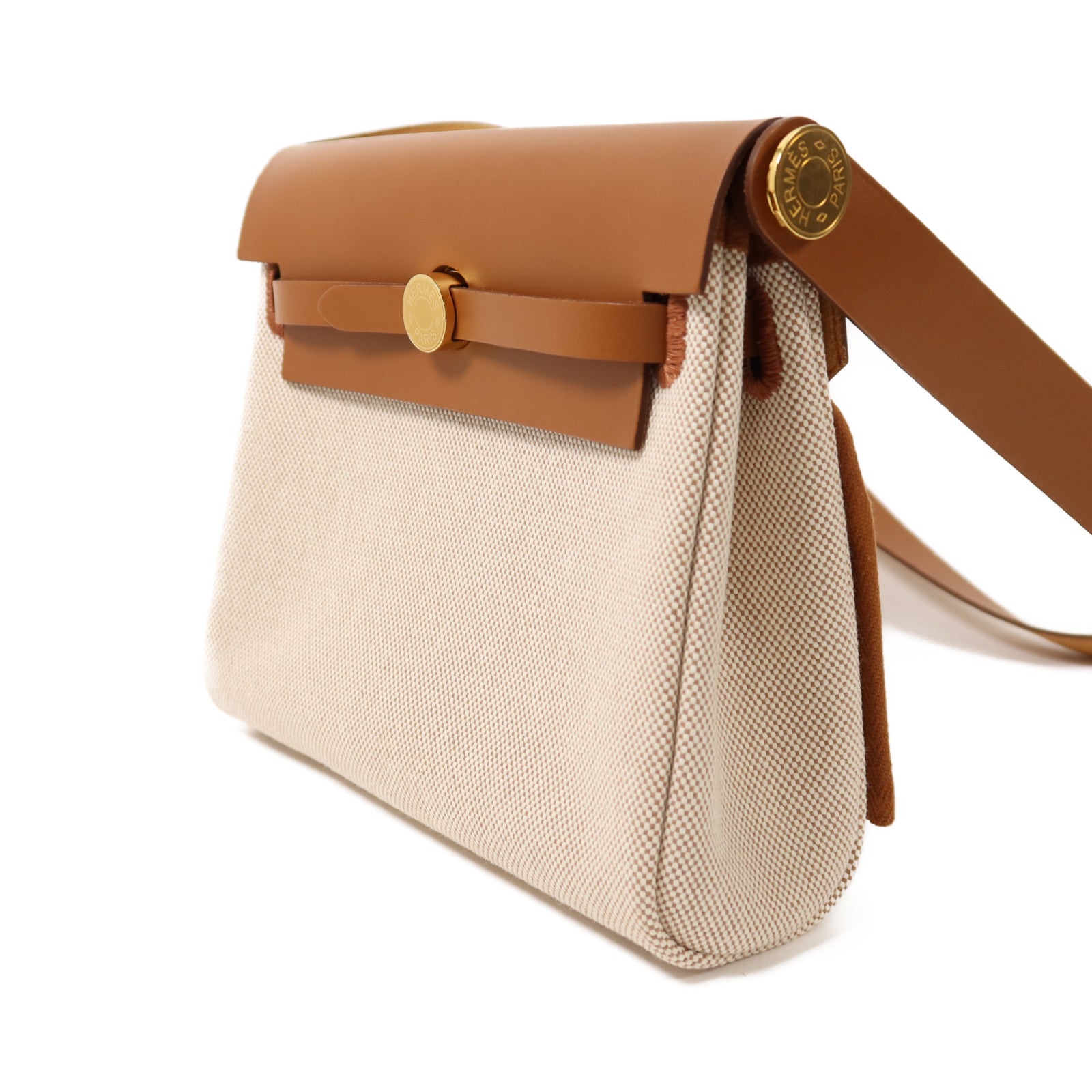 HERMES 帆布Mini Herbag金扣肩背袋Gold/Ecru