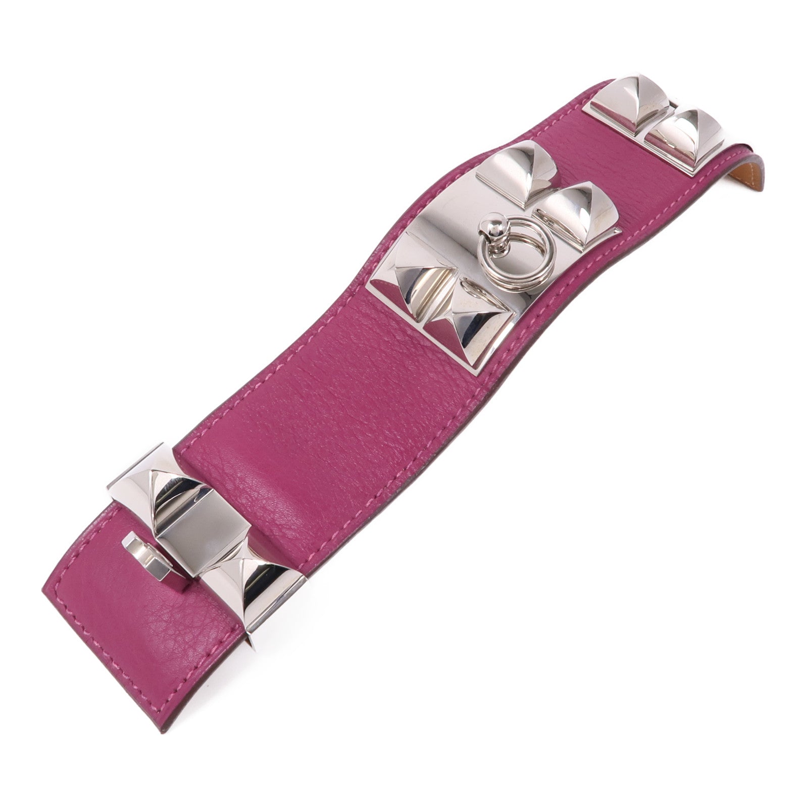 HERMES Swift皮革Collier de Chien銀扣手鐲Cyclamen