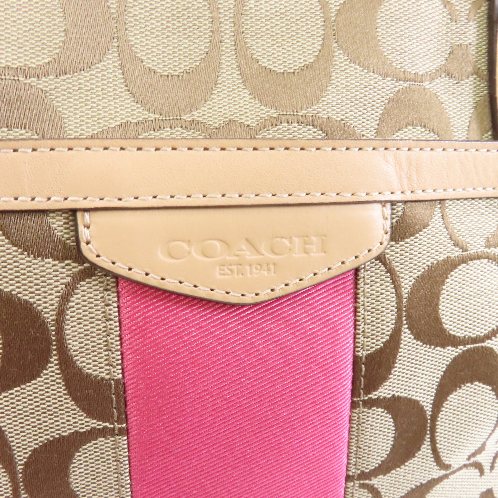 COACH 【激減優惠】帆布Tote Bag銀扣手挽袋啡色/粉紅色