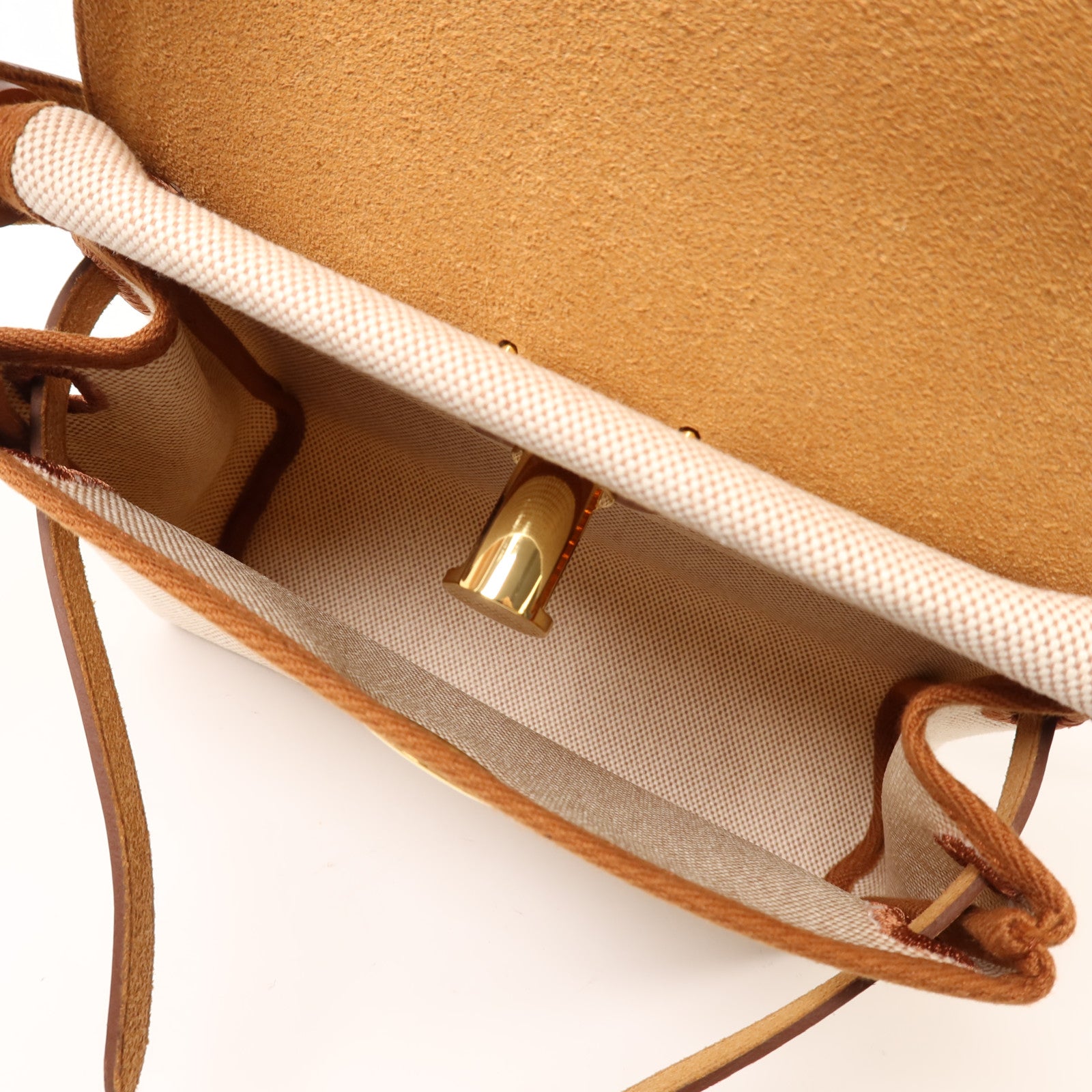 HERMES 帆布Mini Herbag金扣肩背袋Gold/Ecru