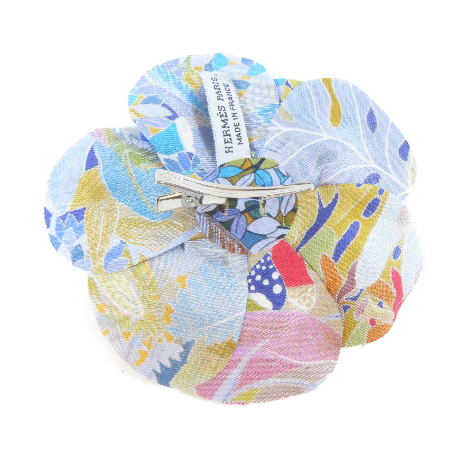 HERMES 絲質ACCESSOIRES FLEUR EN TWILL銀扣髮夾藍色
