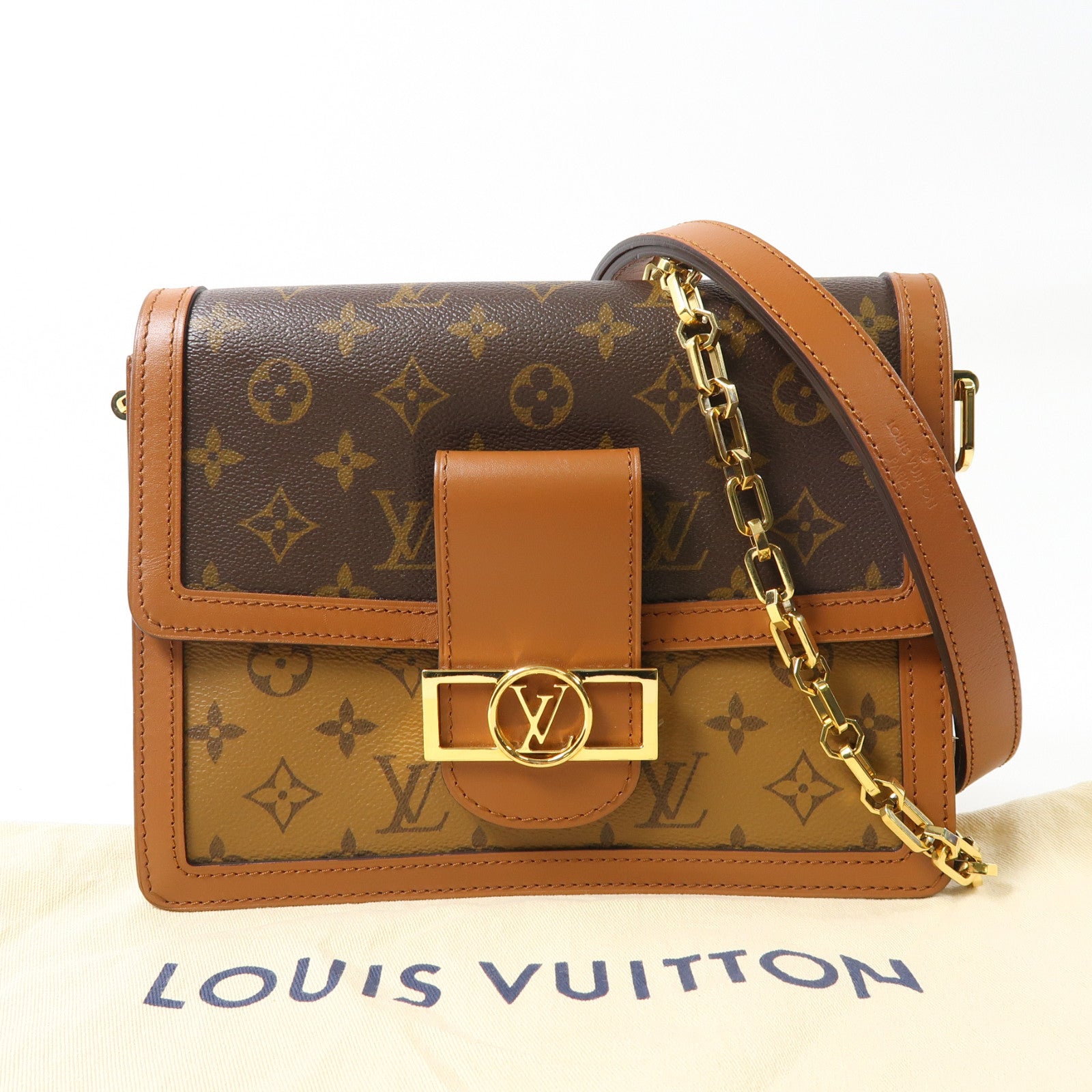 LOUIS VUITTON Monogram/Monogram Reverse Dauphine MM金扣手挽肩背兩用袋棕色