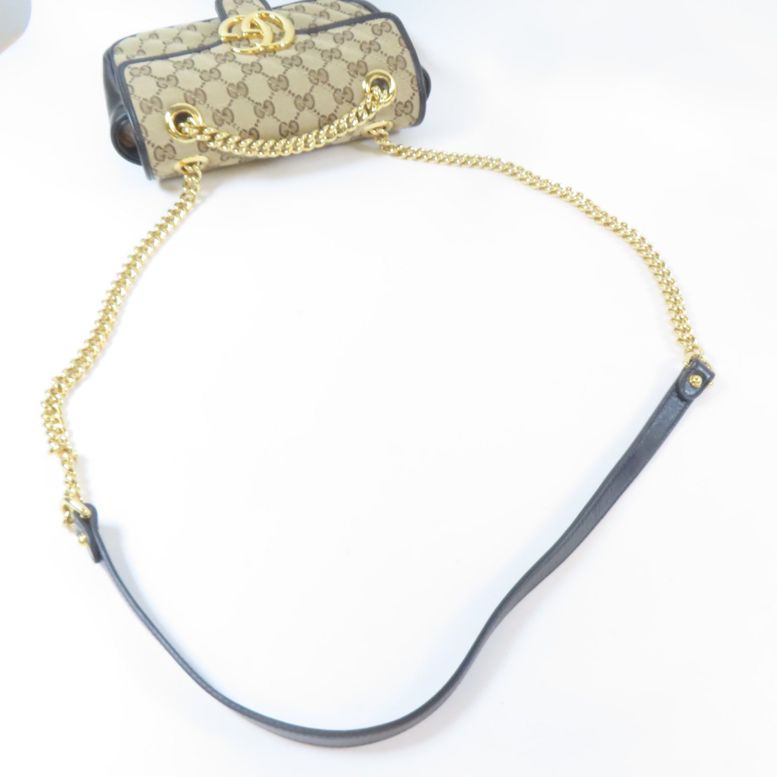GUCCI 斜紋帆布GG Marmont金扣鏈帶肩背袋黑色/啡色