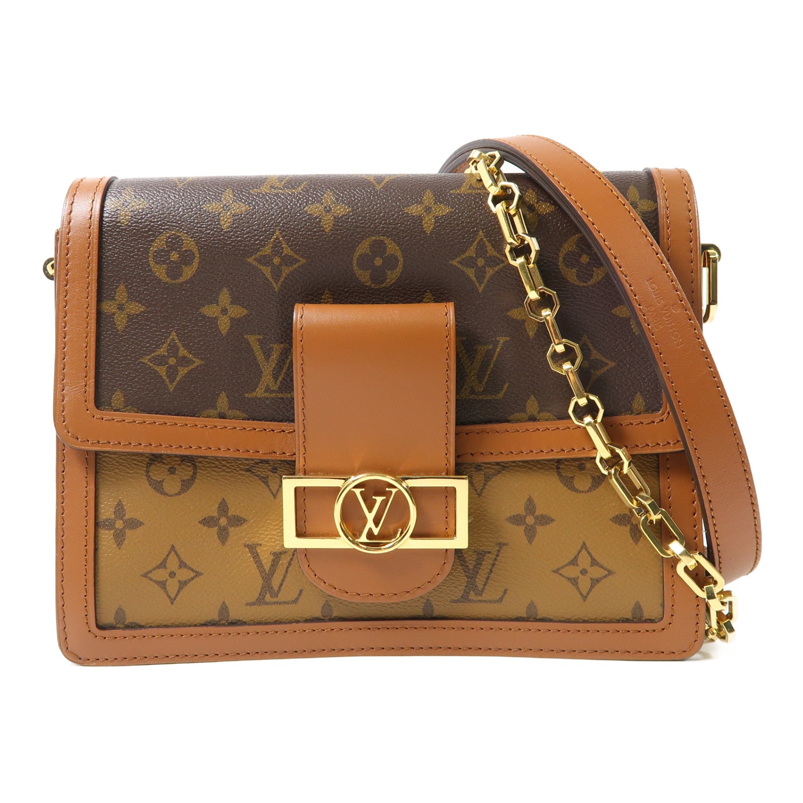 LOUIS VUITTON Monogram/Monogram Reverse Dauphine MM金扣手挽肩背兩用袋棕色