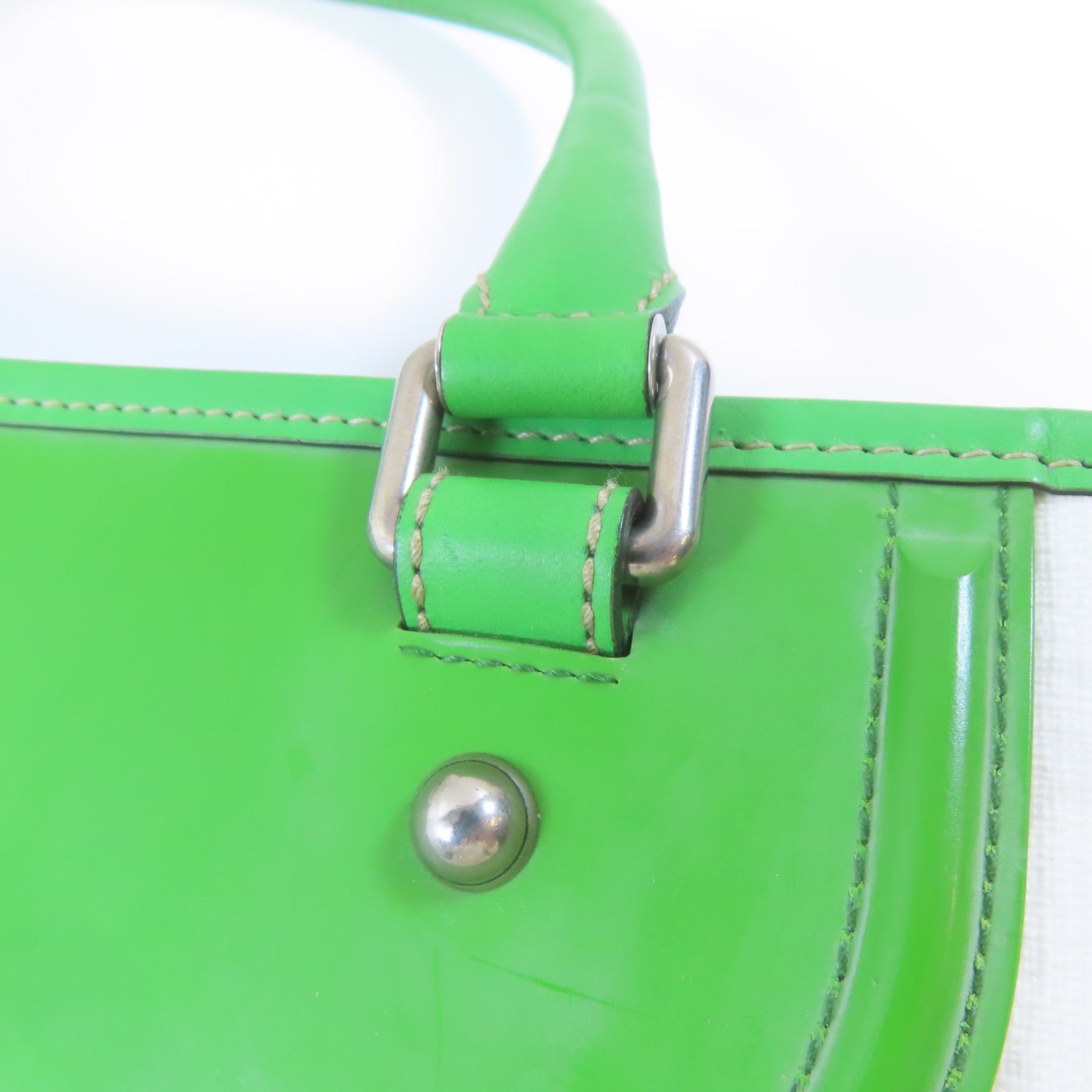 GUCCI 塗層帆布/皮革Shoulder Tote Bag銀扣肩背袋/手挽袋白色/綠色