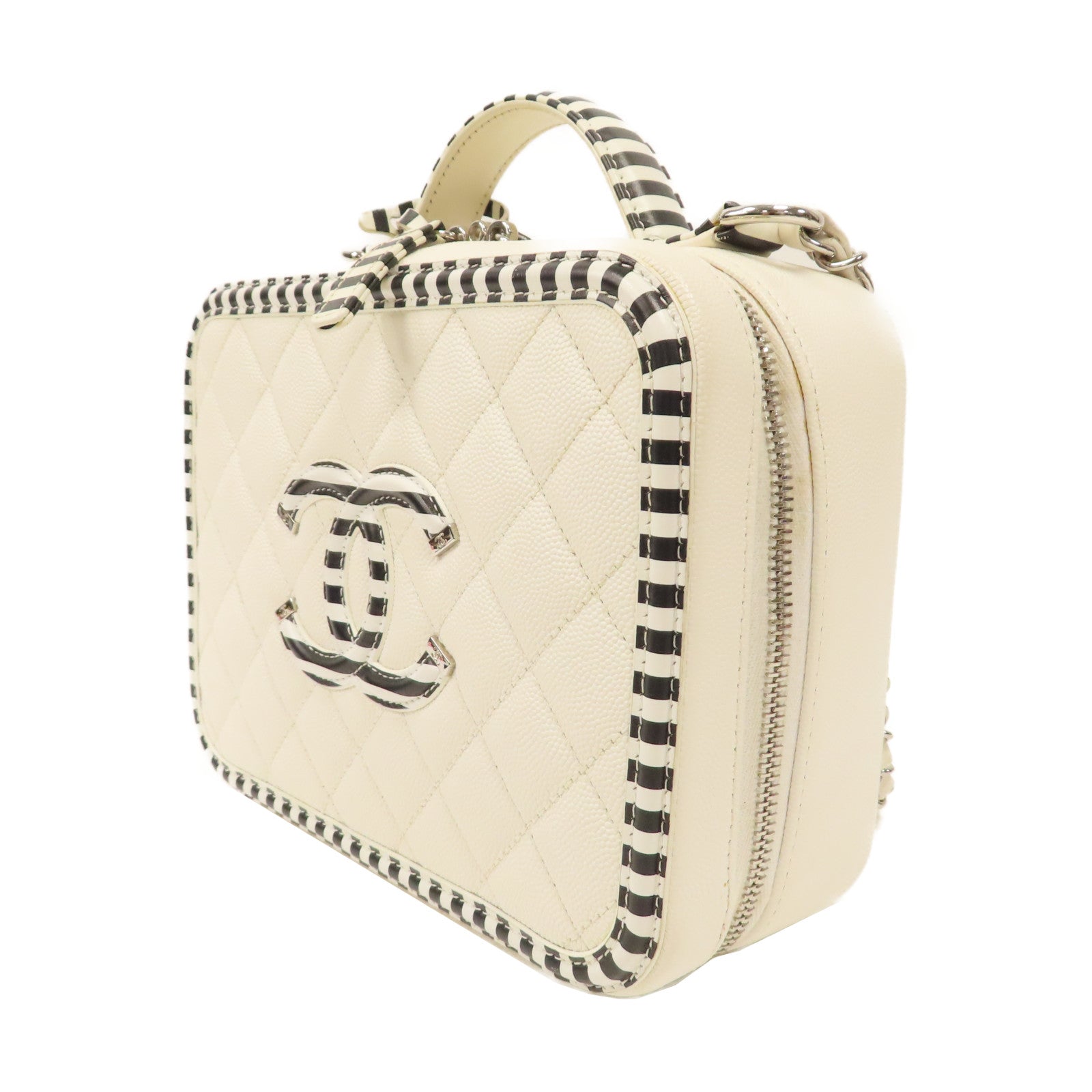 CHANEL 菱格Caviar皮革Filigree Vanity Case銀扣手挽肩背兩用袋黑色/白色