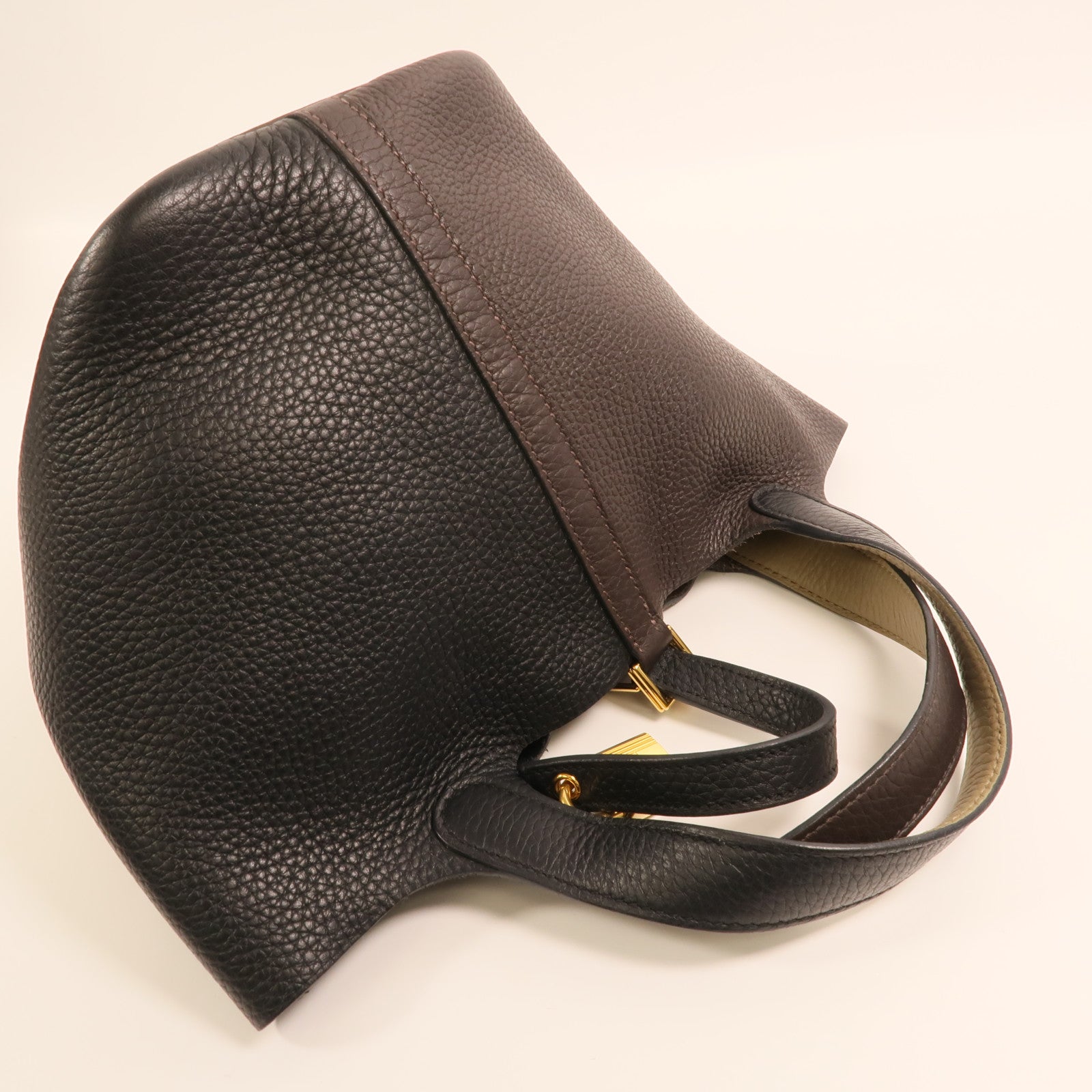 HERMES Clemence皮革Picotin PM金扣手挽袋Noir/Ebene
