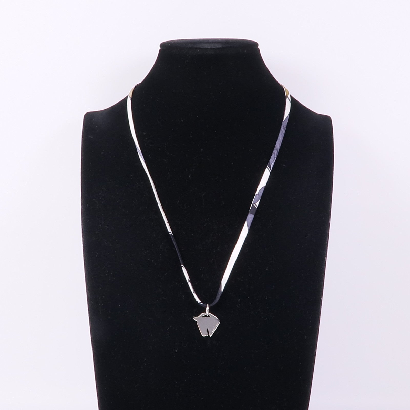 HERMES Tourbillon Necklace Bracelet Silk Metal Silver Black White Khaki