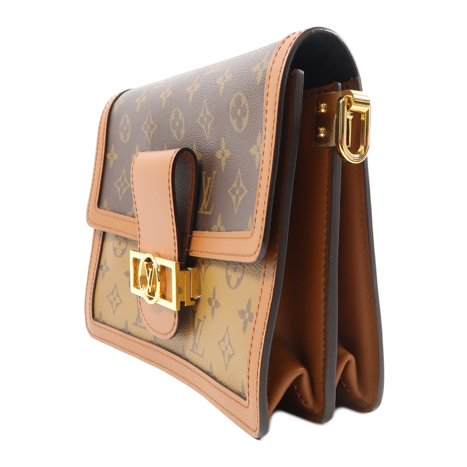 LOUIS VUITTON Monogram/Monogram Reverse Dauphine MM金扣手挽肩背兩用袋棕色