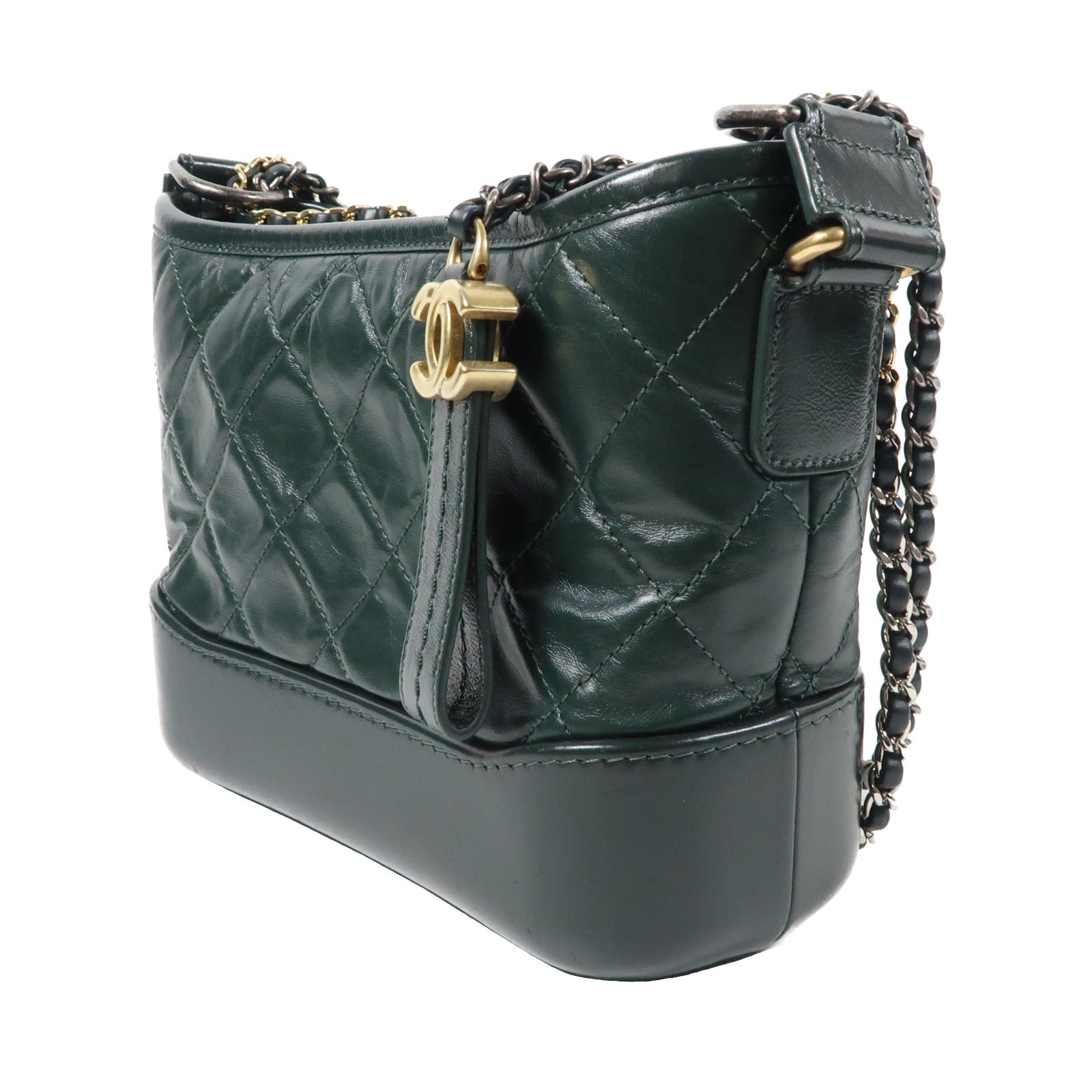 CHANEL 【激減優惠】菱格牛皮皮革Gabrielle Small金扣/銀扣鏈帶肩背袋綠色